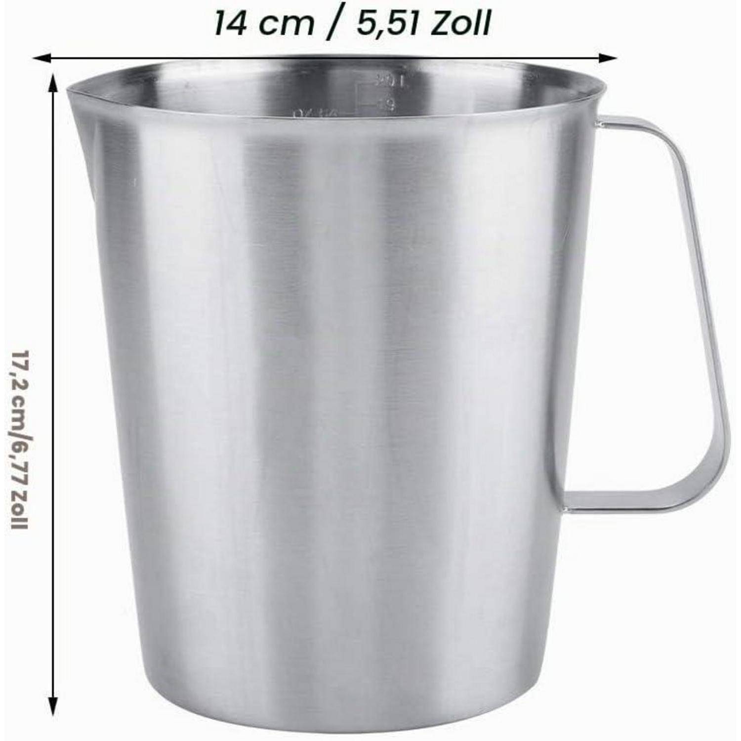 Messbecher aus Edelstahl mit Griff, in Vorderansicht dargestellt mit markierten Abmessungen von 14 cm Breite und 17,2 cm Höhe.