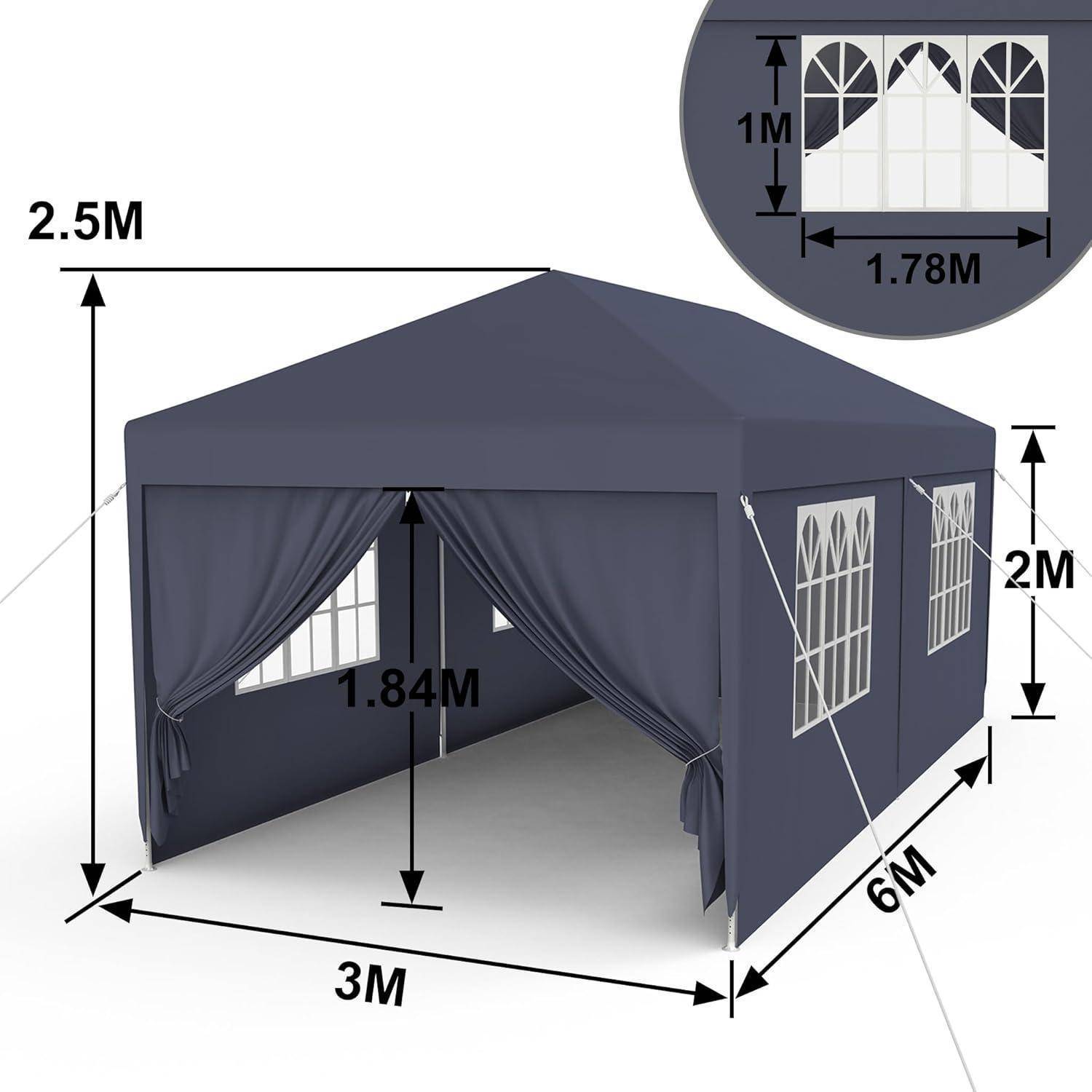 Illustration eines dunkelgrauen 3 m × 6 m Zelts mit 2,5 m Firsthöhe, 2 m Seitenwänden und 1,84 m breiter Vorderöffnung; die Vergrößerung zeigt ein 1,78 m × 1 m großes Fensterfeld.