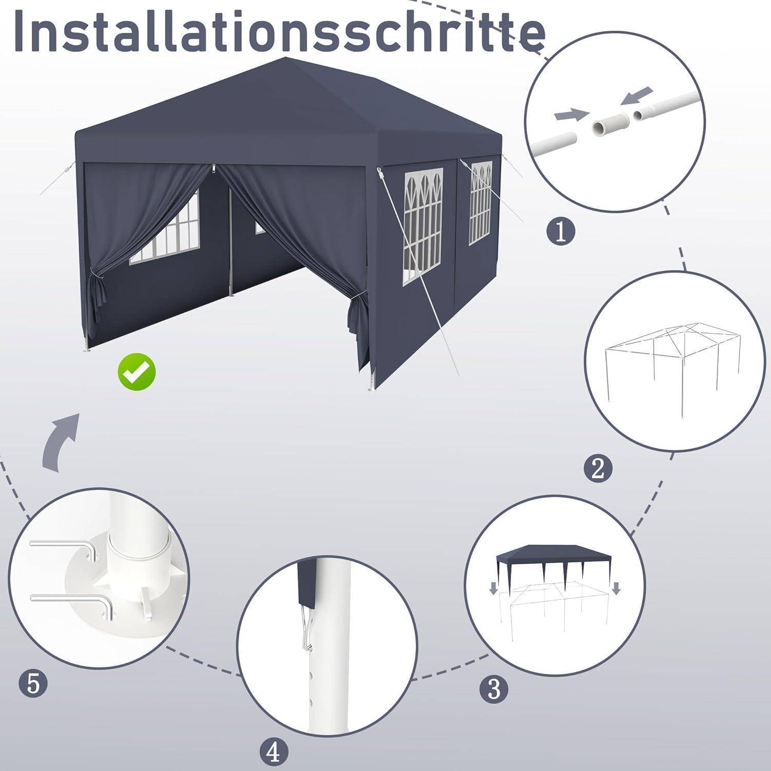 Diagramm mit dem Titel „Installationsschritte" zeigt ein dunkelgraues Pop-Up-Pavillon-Zelt in fünf nummerierten Schritten, wobei Teile auf den Rahmen passen und die Abdeckung an den Polen befestigt wird.
