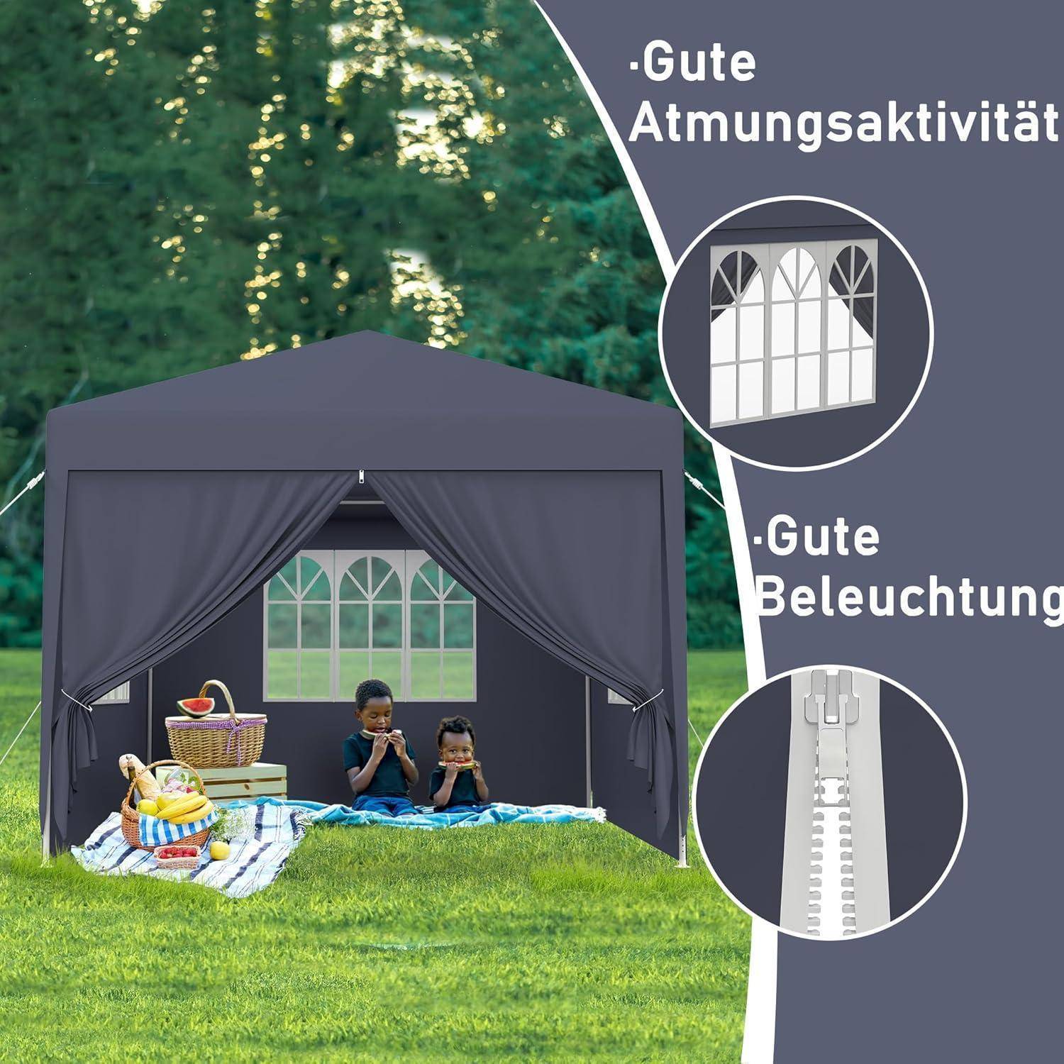 Zwei Kinder sitzen in einem graueren Zeltdach auf Gras mit Picknick-Artikeln; der Seitentext hebt "Gute Atmungsaktivität"" und ""Gute Belüftung"" hervor.
