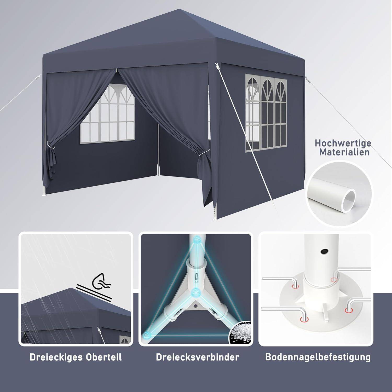 Dunkelgraues Baldachindach mit Fenstern und Spannseilen, dargestellt mit Beschriftungen für 'Hochwertige Materialien' und Merkmale: dreieckiges Dach, Verbinder und Erdnagelbefestigung.