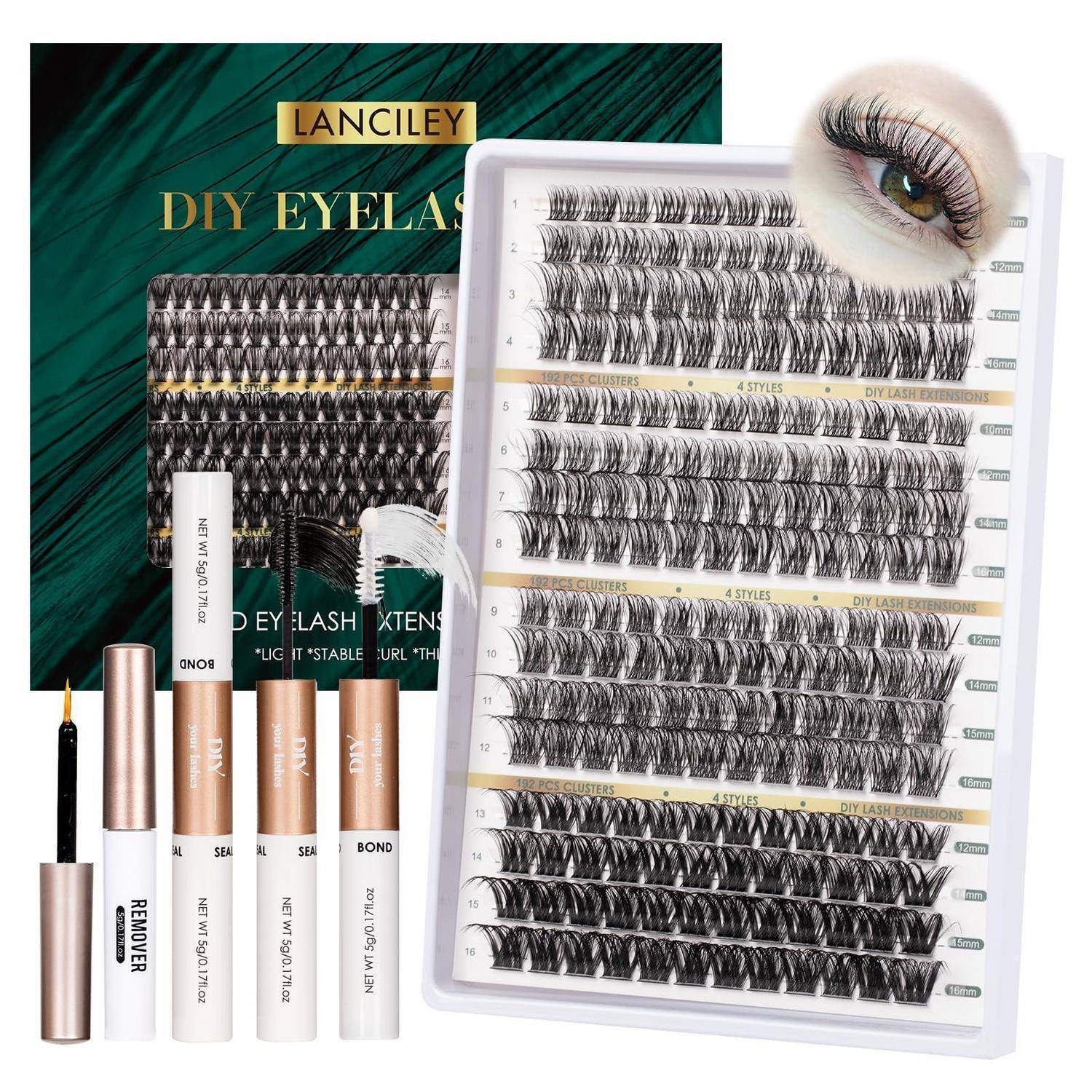 LANCILEY DIY Wimpernverlängerungsset mit Wimpernpalette, Applikatoren, Kleber und Werkzeugen, dargestellt als Beauty-Produktset mit vergrößerter Augenansicht.