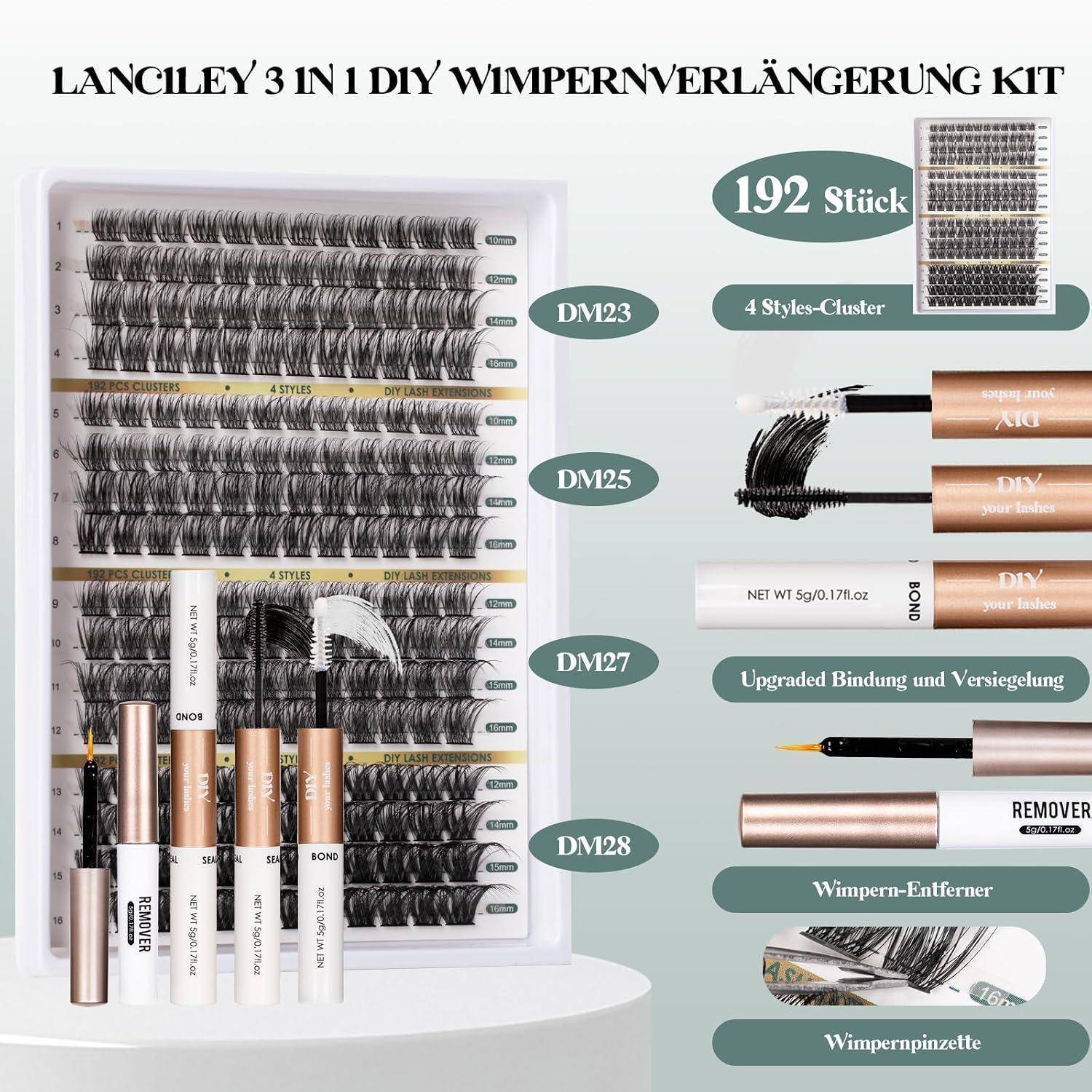 Produktcollage für ein „Lanciley 3-in-1 DIY-Wimpernverlängerungsset
