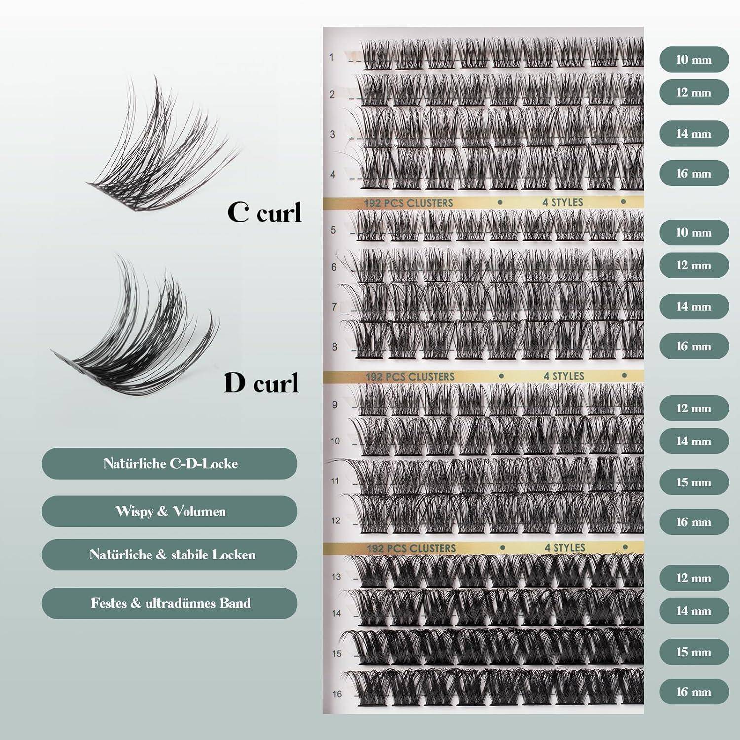 Wimpernverlängerungsstil-Vergleichstabelle für C-Curl und D-Curl mit verschiedenen Dicken- und Längenoptionen, die natürliche Wimpernlooks mit Wispern und Volumen zeigen.