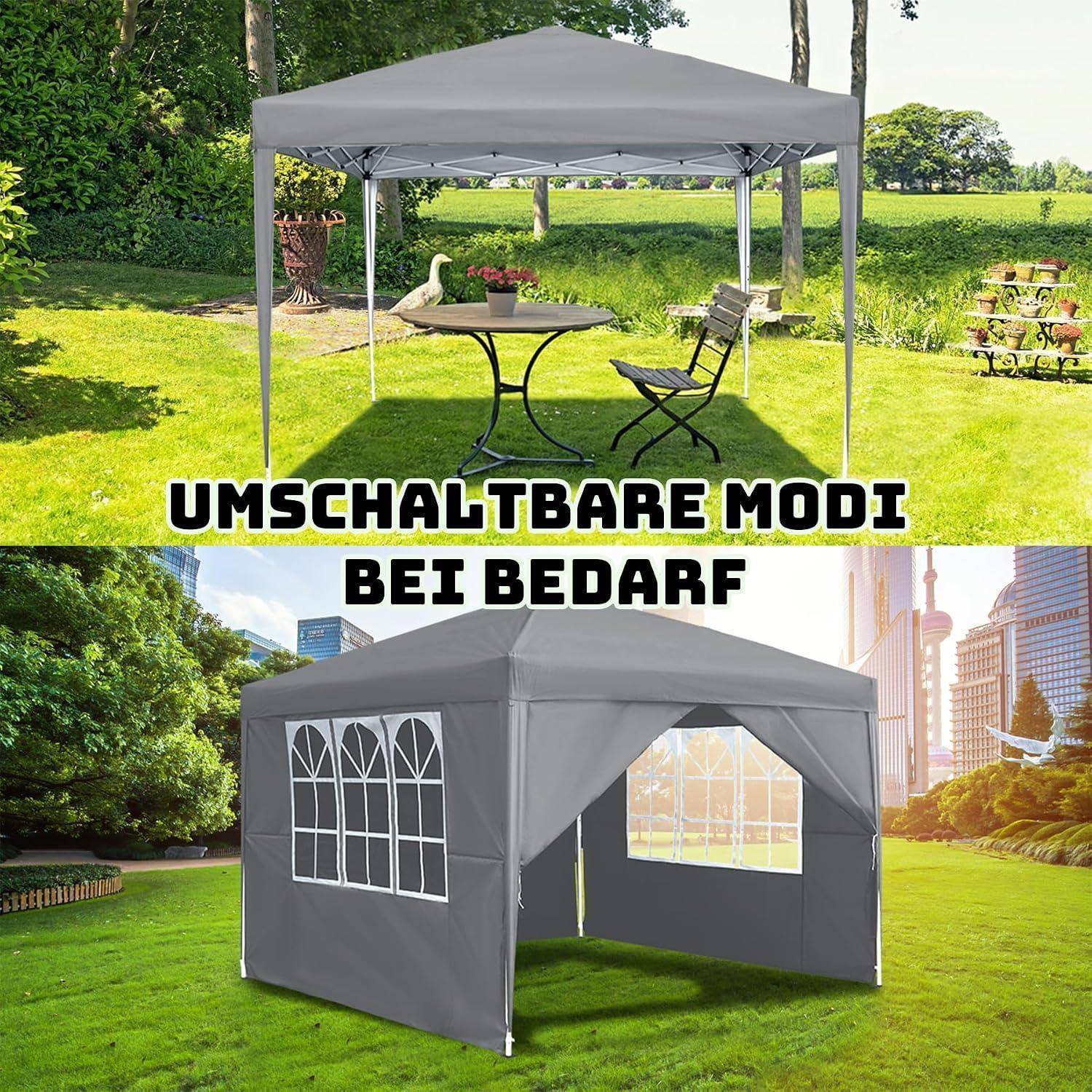 Graues Pop-up-Pavillon-Zelt, dargestellt in offener und geschlossener Form, mit deutschem Text „UMSCHALTBARE MODI BEI BEDARF", was schaltbare Modi bei Bedarf bedeutet.