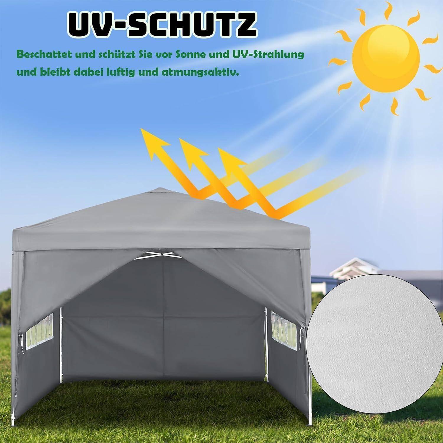 Grauer Pop-up-Pavillon, der in der prallen Sonne gezeigt wird, mit Pfeilen, die UV-Schutz andeuten; der Text besagt „UV-SCHUTZ" und dass dieser vor Sonne und UV-Strahlung schützt und dabei luftig bleibt.