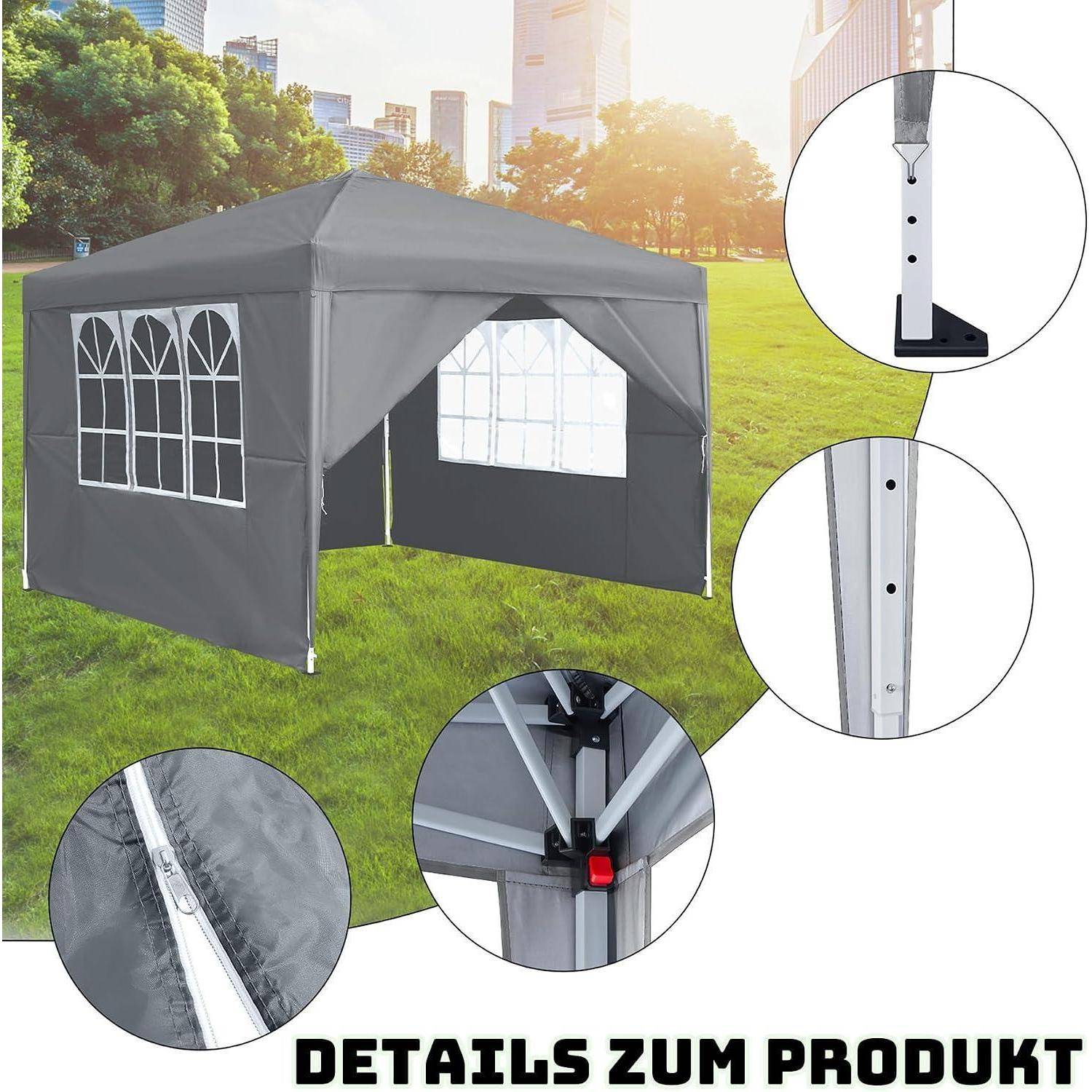 Graues Pop-up-Außenmarkisenzelt mit Fenstern, gezeigt in einem Park; eingefügte Nahaufnahmen zeigen Rahmenverbinder und Reißverschlussdetails.