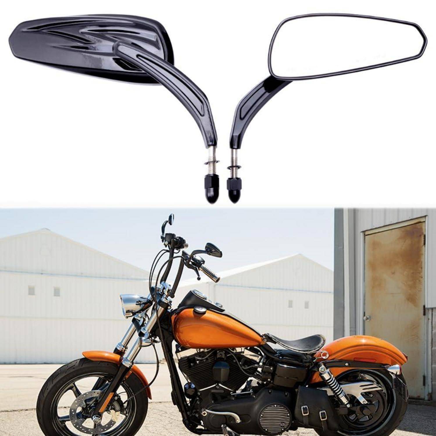 Motorrad-Seitenspiegel über einem orangenen Cruiser-Motorrad abgebildet, was anzeigt, dass die Spiegel ein Zubehörteil oder Ersatzteil sind.