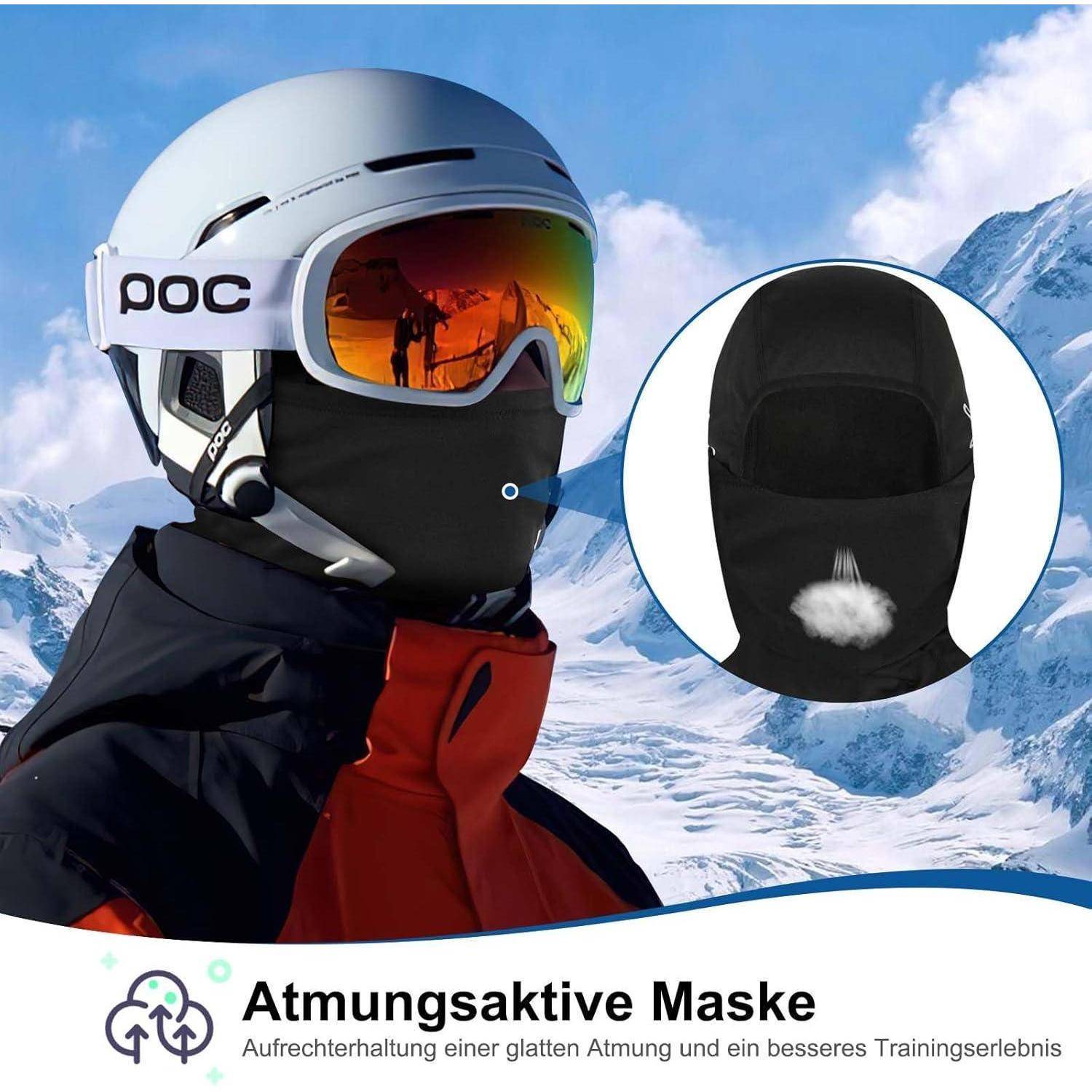 Skifahrer mit Helm und Schutzbrille trägt eine schwarze Atemmaske; die Einleitung zeigt die Maskenvorderseite. Der deutsche Text liest sich „Atmungsaktive Maske" und bewirbt einfacheres Atmen.