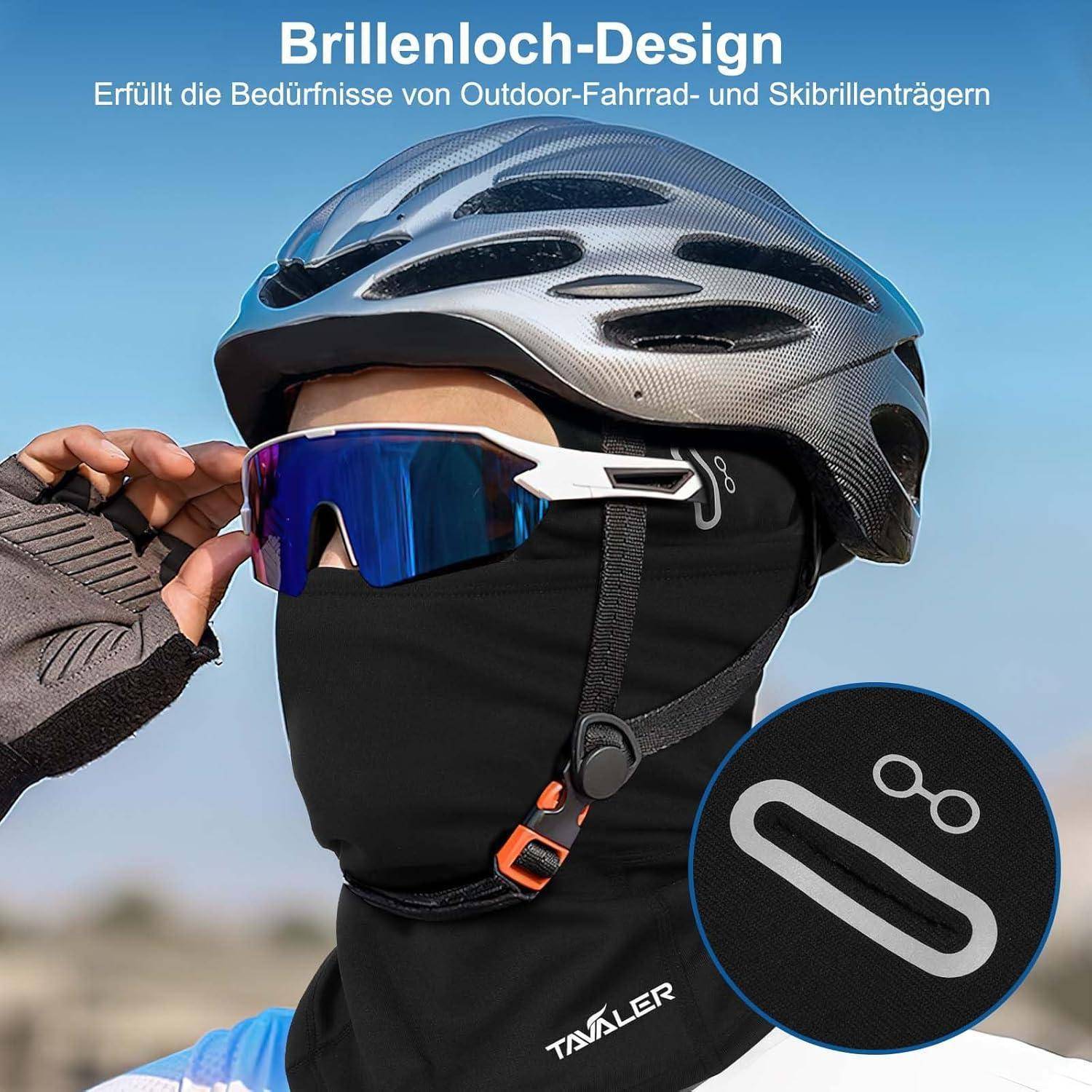 Radfahrer mit Helm, reflektierenden Sonnenbrillen und Gesichtsbedeckung; Ausschnitt hebt das "Brillenloch-Design"" für Outdoor-Bike- und Skihelm-Benutzer hervor.