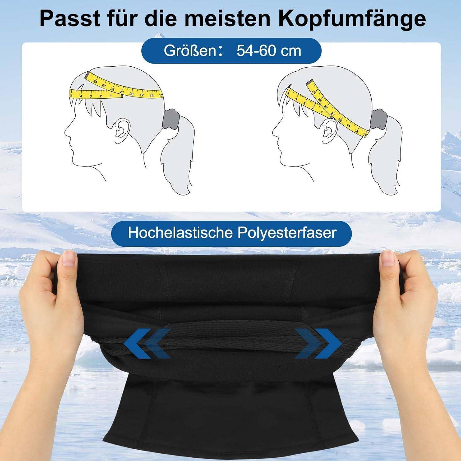 Infografik zeigt ein schwarzes elastisches Stirnband/Halstuch, das die meisten Kopfgrößen passt, 54-60 cm, mit Diagrammen zum Messen des Kopfes.