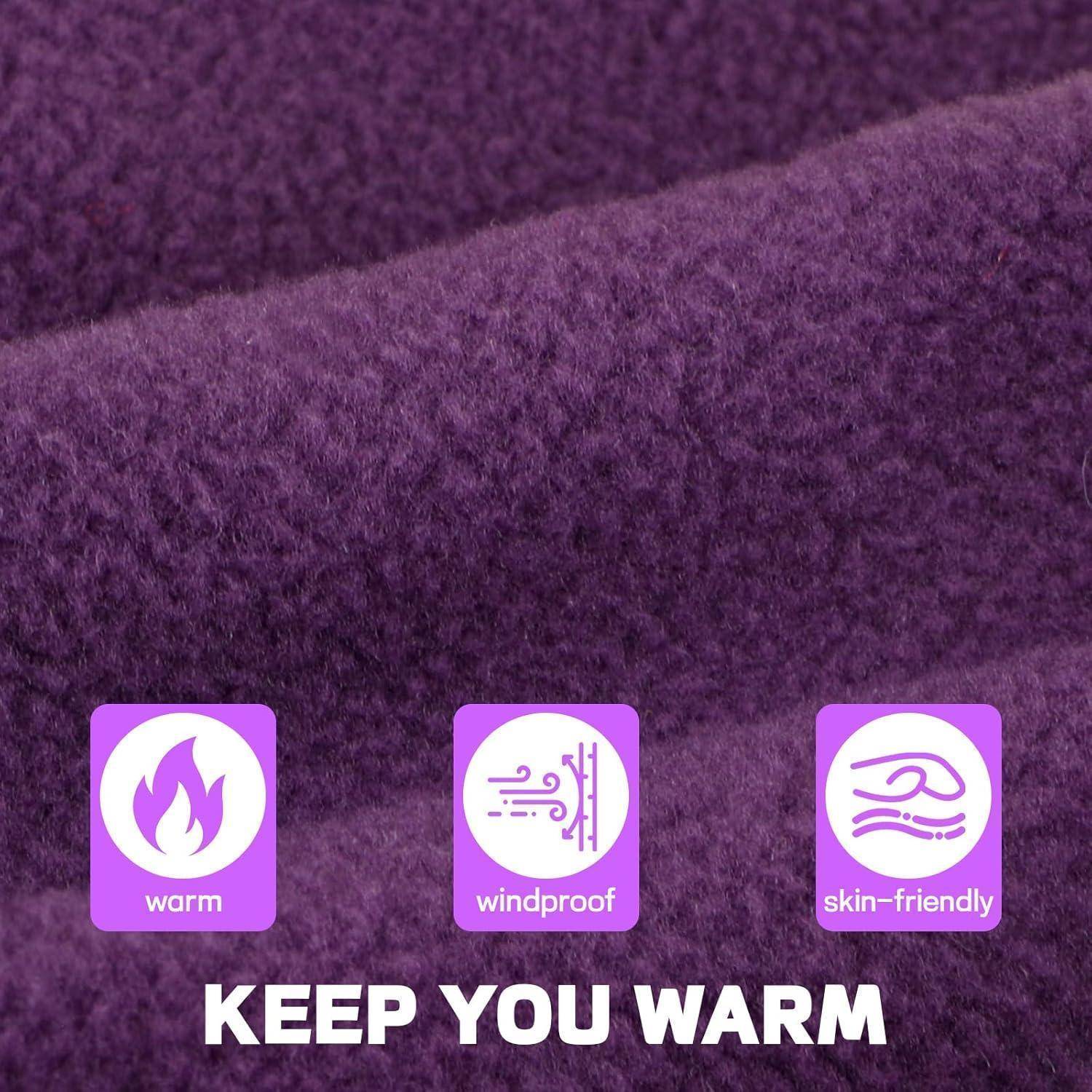 Lila Fleecestoff mit drei Funktionssymbolen mit den Beschriftungen „warm