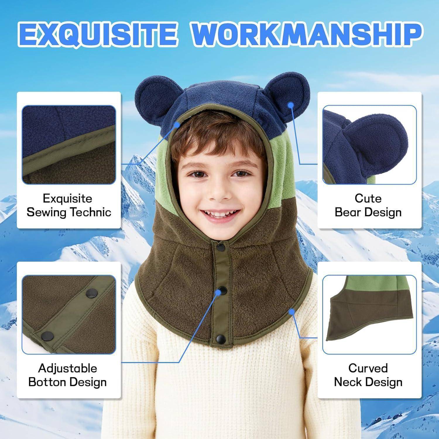 Kind, das eine bärenthematische Kapuzenwintermütze trägt, gezeigt als Produktanzeige, die exquisite Nähte, süßes Bärendesign, verstellbare Knöpfe und geschwungenes Nackendesign hervorhebt.