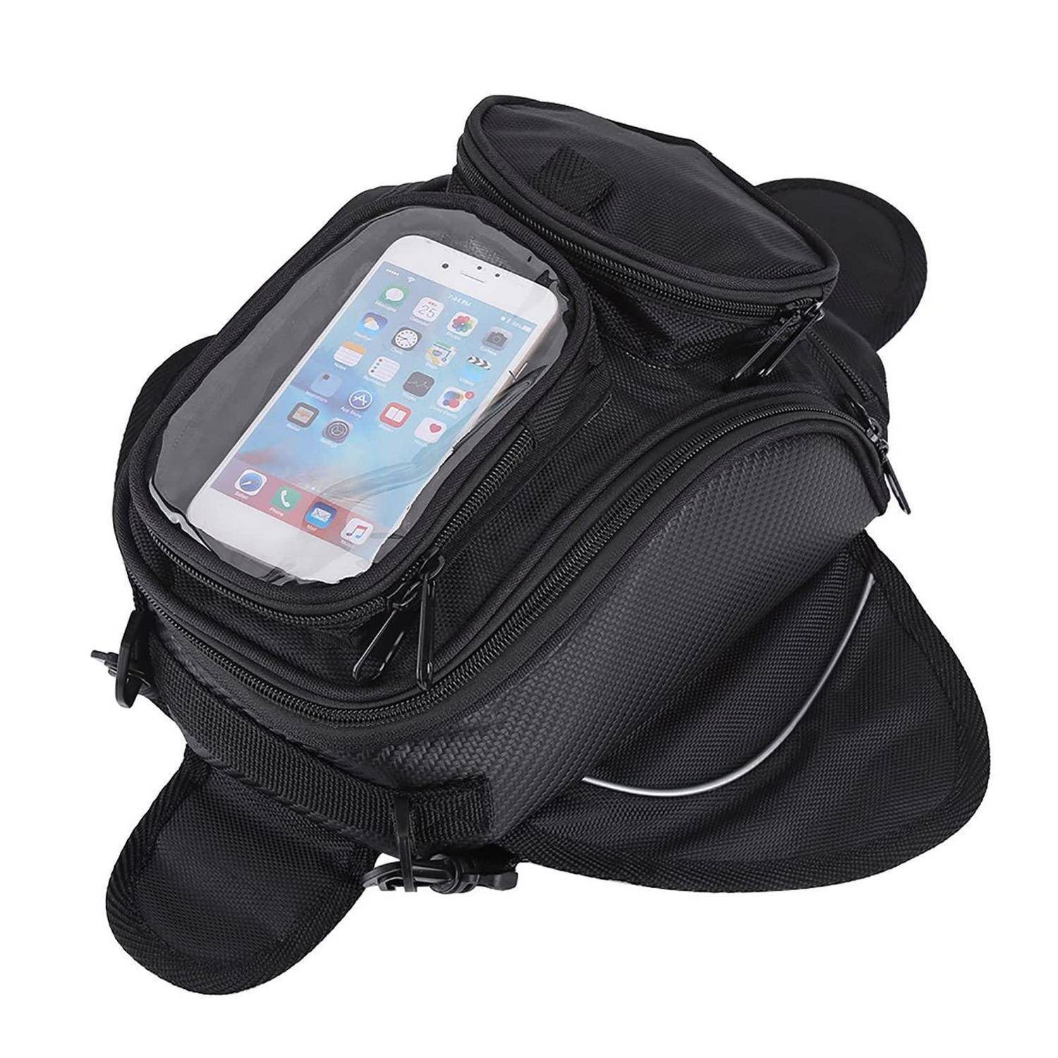 Schwarze Motorradtankrucksack mit transparenter oberer Tasche zur Aufnahme eines Smartphones, verschließbaren Fächern und Schultergurt.