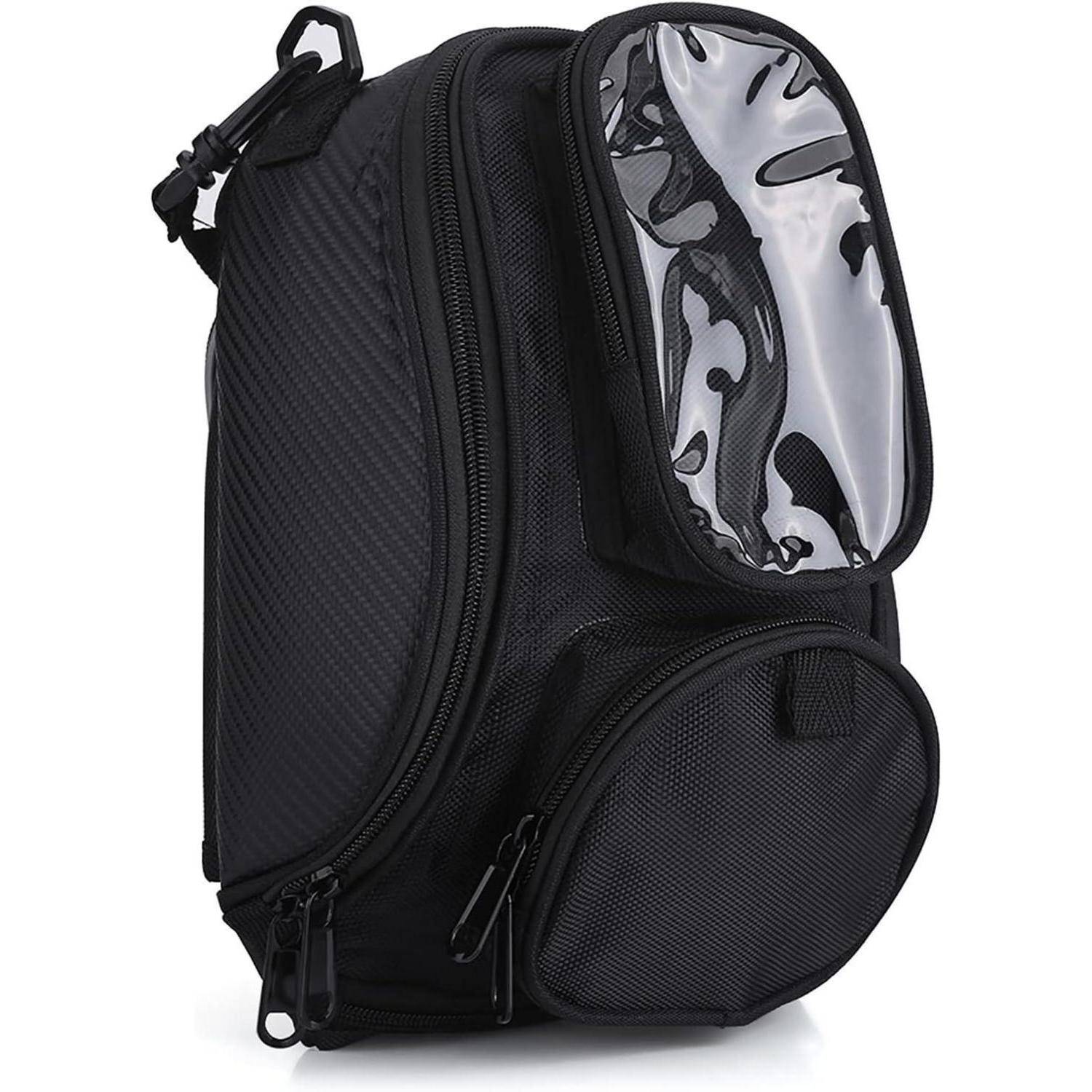 Schwarzer strukturierter Sling-Rucksack mit mehreren Reißverschlussfächern und einer transparenten Vordertasche.