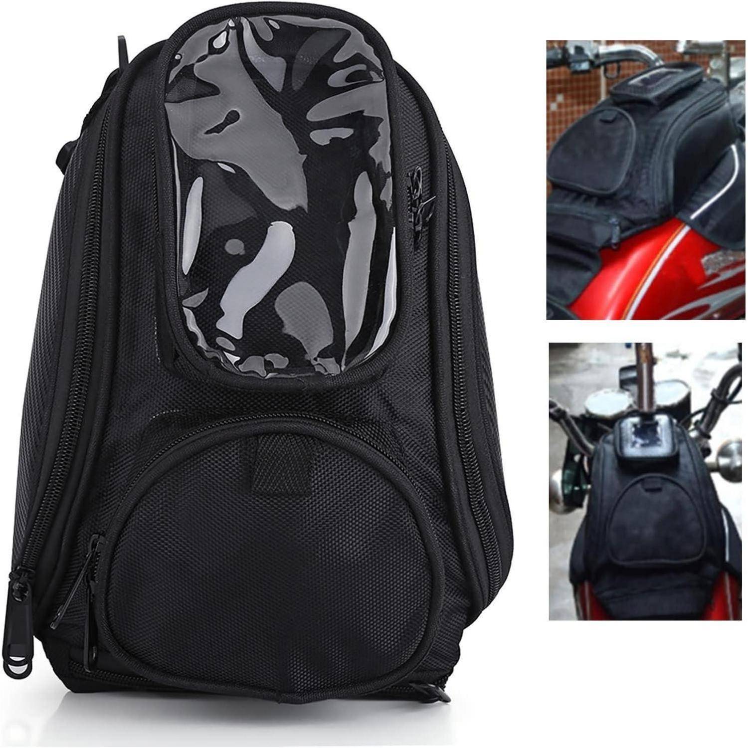 Schwarze Motorrad-Tankta­sche mit transparenter oberer Tasche, von vorne gezeigt mit kleinen Ausschnittsansichten, die auf einem Motorrad-Tank und Lenker montiert sind.