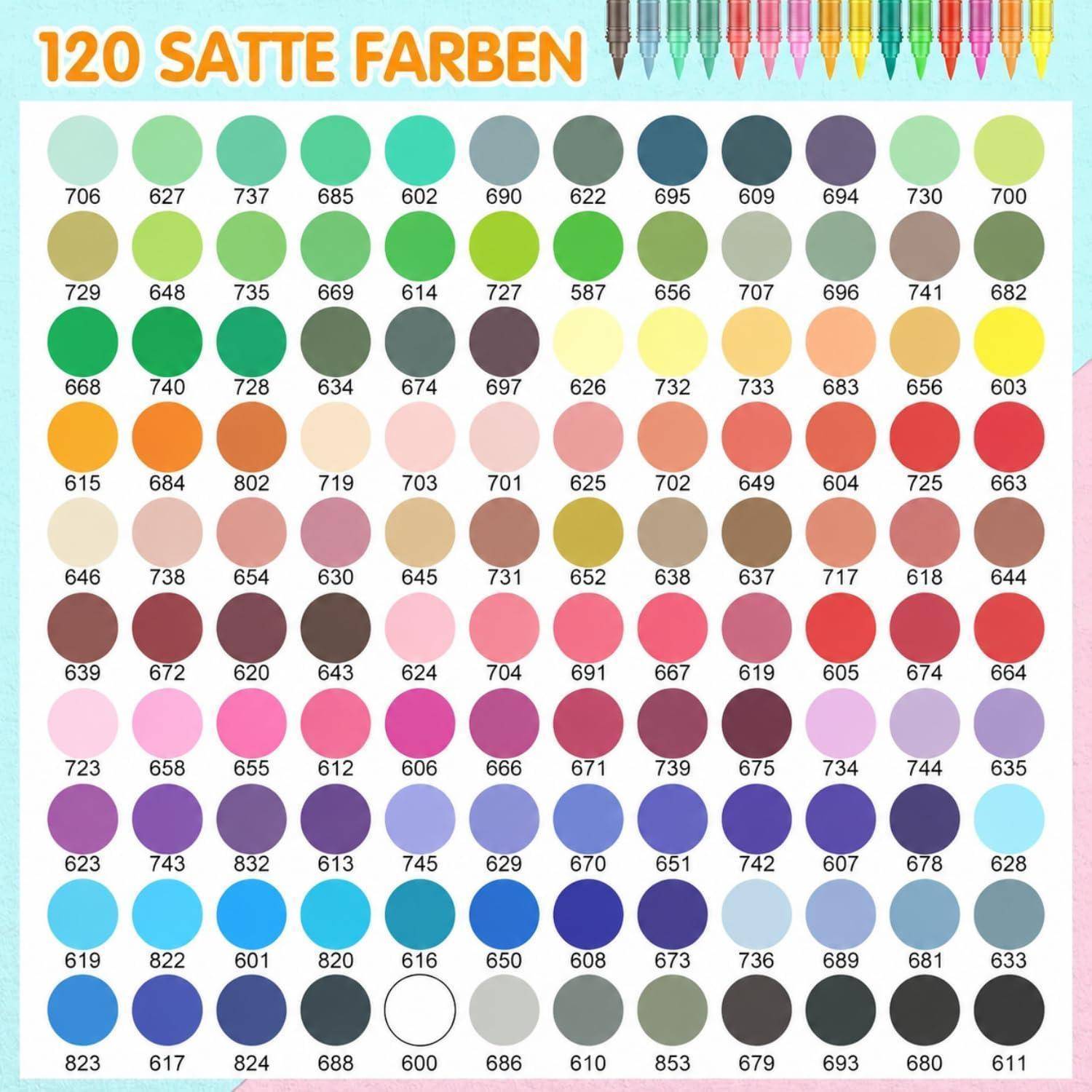 Farbmusterblatt mit 120 farbigen Stiften mit der Bezeichnung „120 SATTE FARBEN