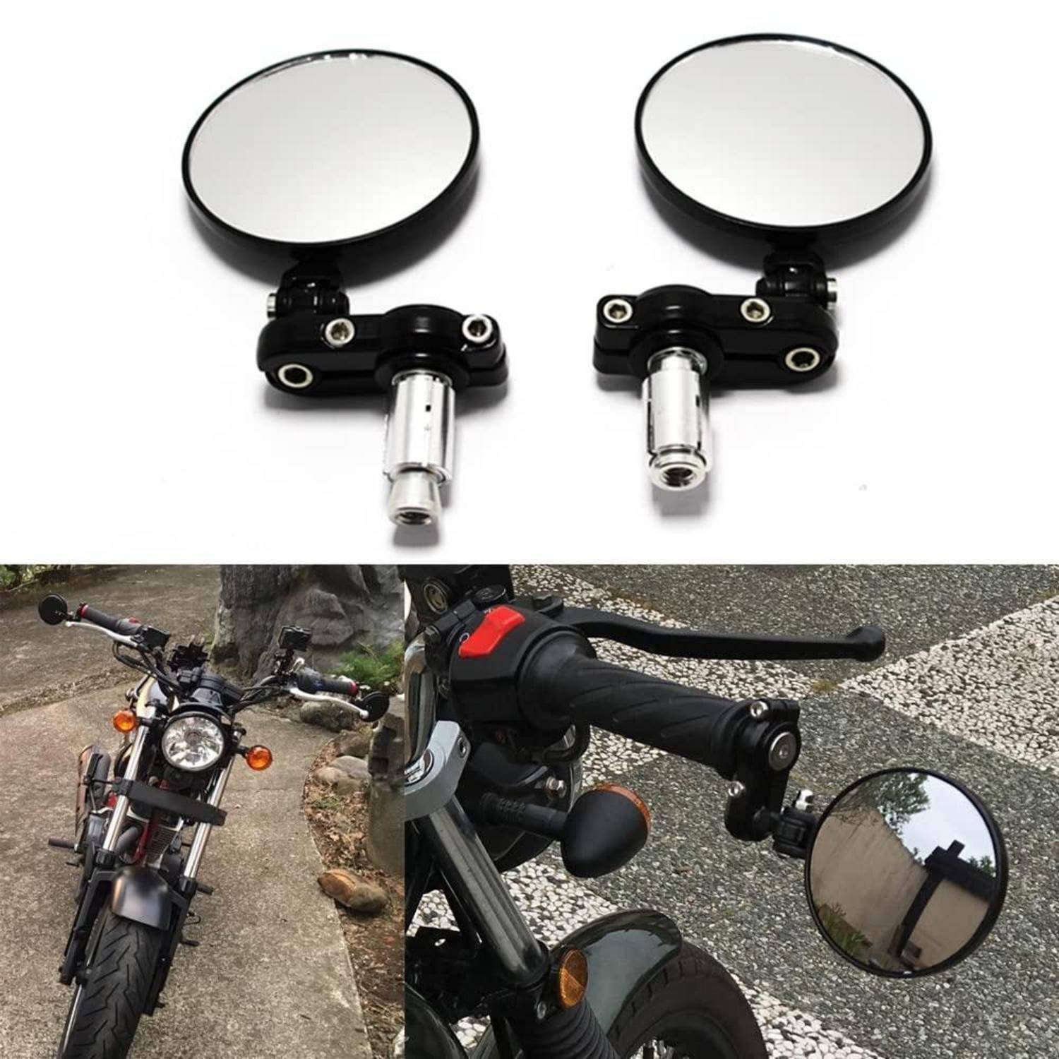 Paar runder Motorrad-Lenkerrspiegel, gezeigt mit einer Nahaufnahme montiert auf einem Motorrad für Rückwärtsvisibilität.