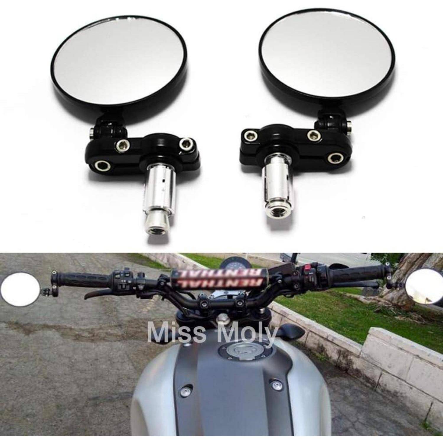 Paar runder Motorrad-Lenkererspiegel mit einer Beispielansicht, die auf einem Motorrad über dem Benzintank und den Lenkern montiert ist.