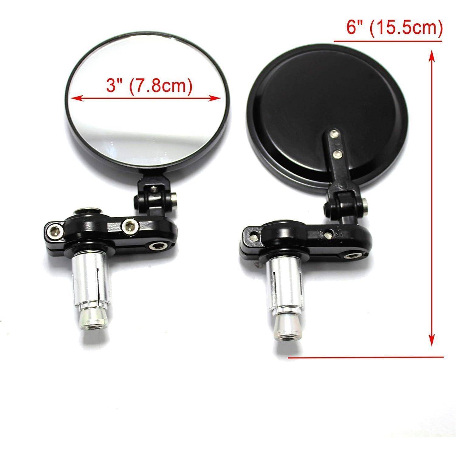 Motorrad-Lenkerstutzen-Spiegel von vorne und hinten dargestellt, mit beschrifteten Abmessungen 3 Zoll (7,8 cm) Spiegeldurchmesser und 6 Zoll (15,5 cm) Gesamthöhe.