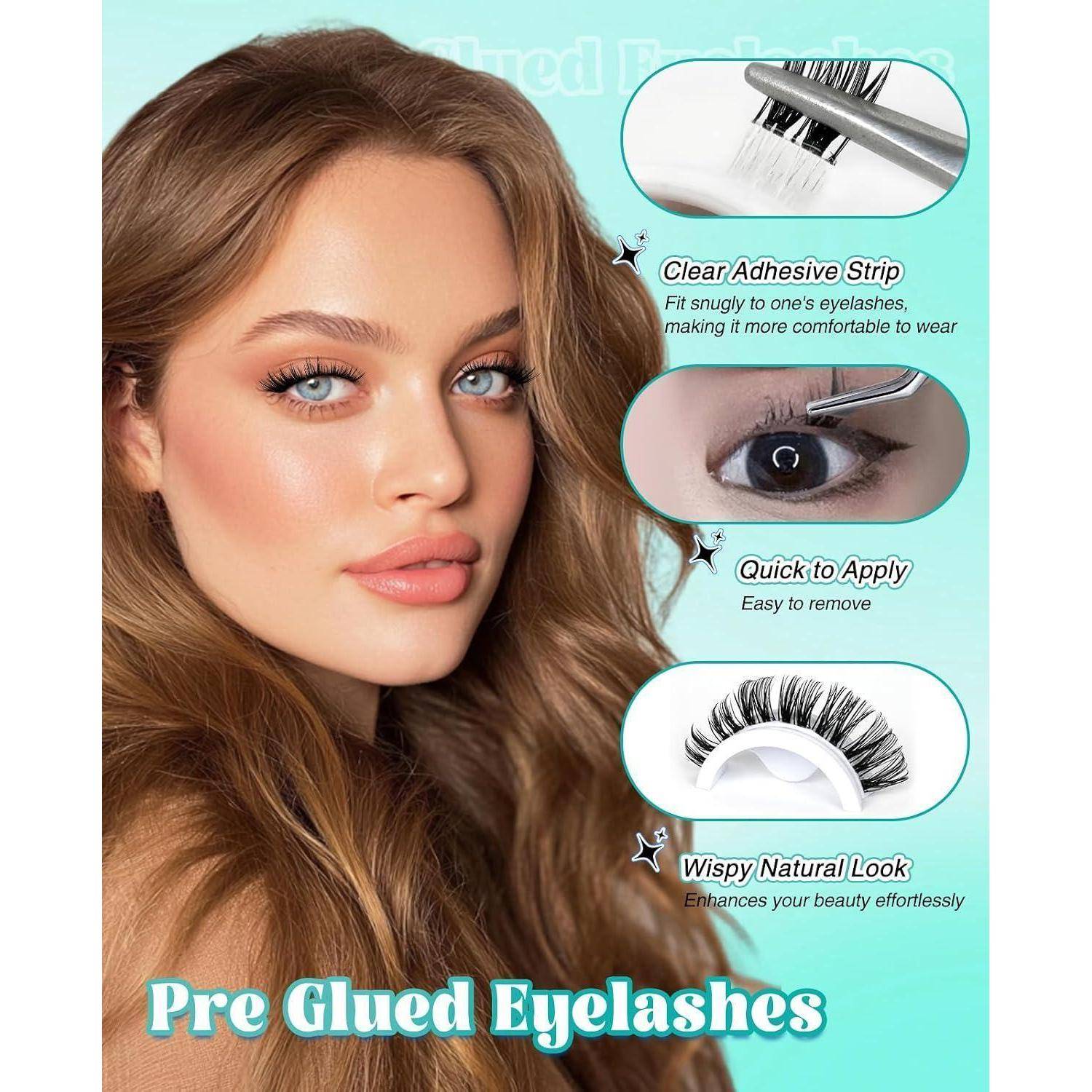 Werbeplakat für vorgeklebte Wimpern, das eine Frau mit Wimpern zeigt, mit Beschriftungen für „Transparenter Klebstreifen