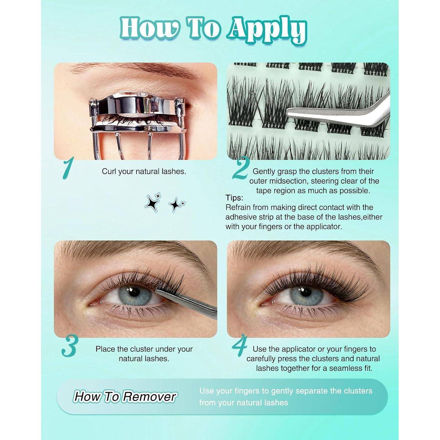 Anleitung zur Anwendung von Wimpernverlängerungen mit vier Schritten: natürliche Wimpern locken, Büschel trennen, unter natürliche Wimpern platzieren und zusammendrücken; enthält einen Entfernungstipp.