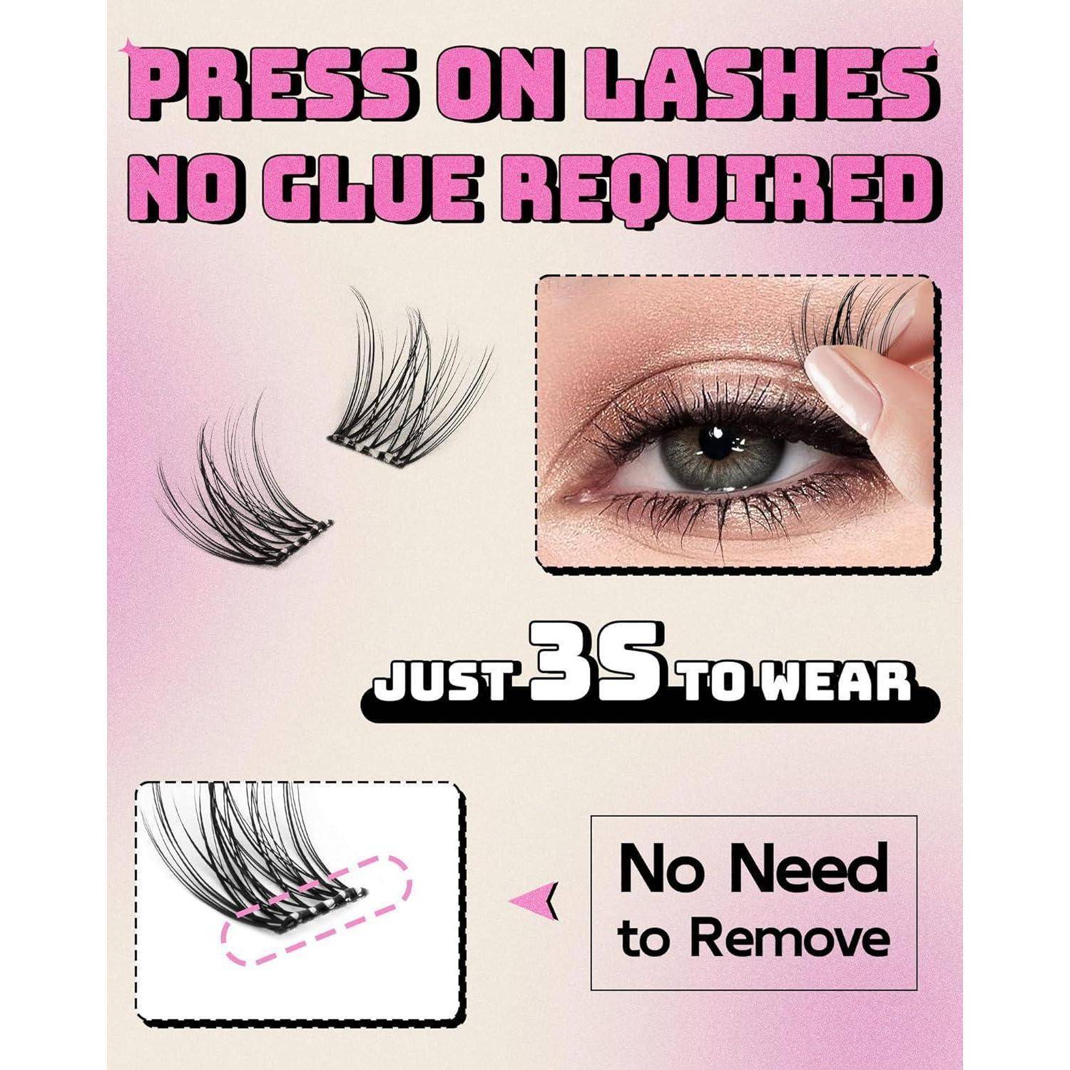 Werbegrafik für Wimpern zum Aufkleben: 'WIMPERN ZUM AUFKLEBEN KEIN KLEBER ERFORDERLICH', 'NUR 3 SEKUNDEN ZUM ANBRINGEN' und 'Kein Entfernen Nötig', mit Nahaufnahmen des Anwendungsvorgangs.