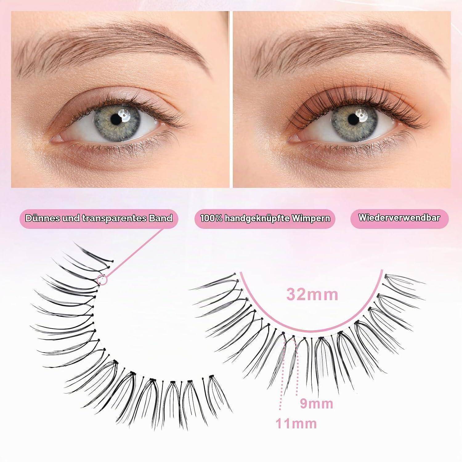 Vorher-und-Nachher-Augenfoto mit falschen Wimpern, plus ein Diagramm mit dünnem transparentem Band, 100% handgefertigte wiederverwendbare Wimpern, und Längen von 32 mm, 9 mm und 11 mm.