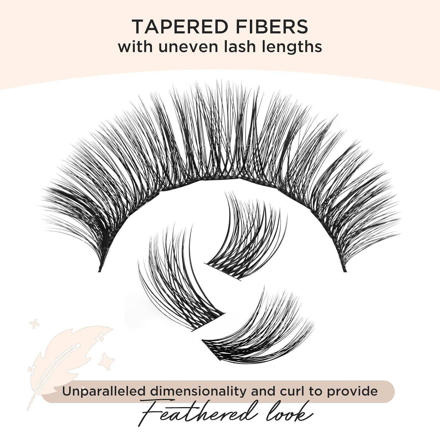 Illustration von verjüngten Wimpernfasern mit ungleichmäßigen Wimpernlängen, die eine federleichte Wölbung zeigen und den Text „Unvergleichliche Dimensionalität und Wölbung für einen gefiederten Look