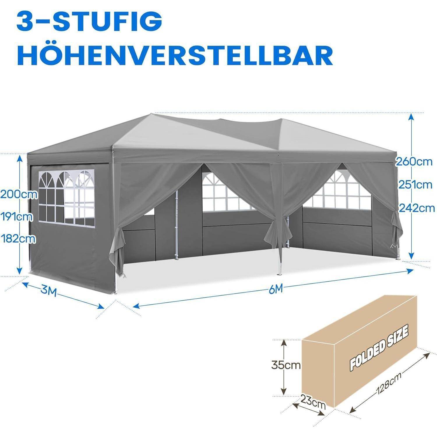 Produktdiagramm eines grauen Pop-up-Baldachinszelts mit der Bezeichnung „3-STUFIG HÖHENVERSTELLBAR", das verstellbare Höhen von 182, 191, 200, 242, 251 und 260 cm zeigt, Grundfläche 3 m mal 6 m und zusammengefaltete Größe 128 mal 23 mal 35 cm.