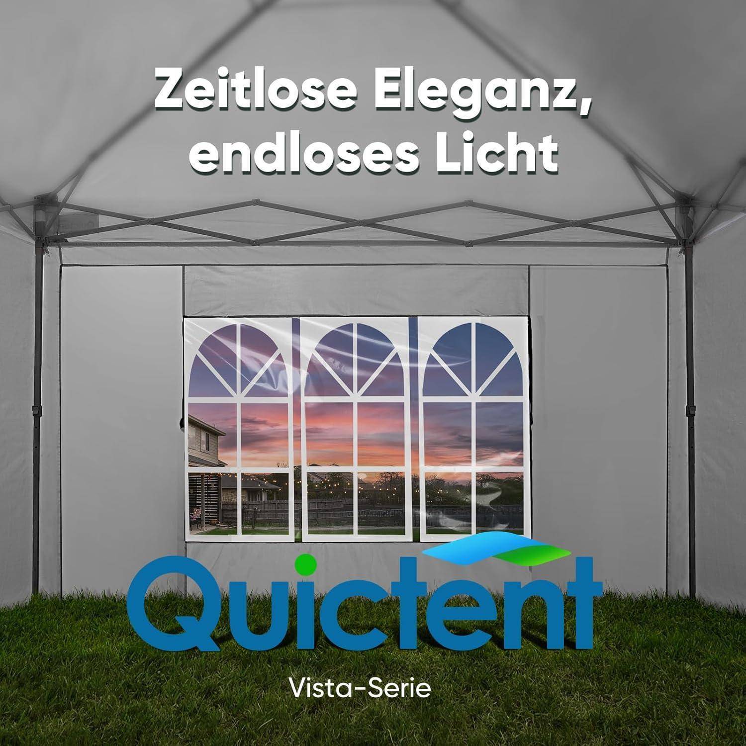 Quictent Vista-Serie Pavillon-Zelt mit gewölbtem Fensterfeld; deutscher Text lautet „Zeitlose Eleganz, endloses Licht".