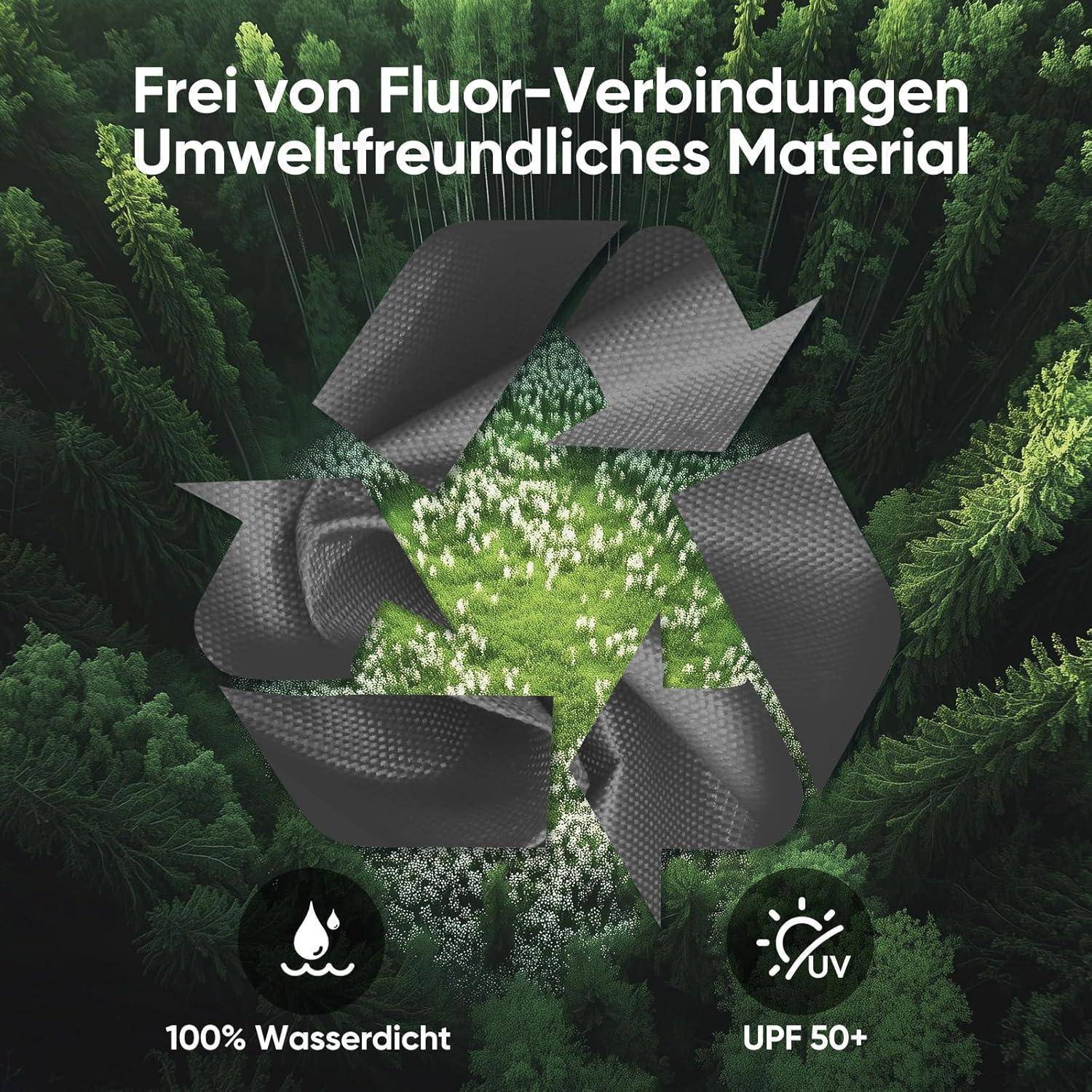Werbegrafik eines kohlefaserartigen recycelbaren Materials in einem Wald, gekennzeichnet mit "Frei von Fluor-Verbindungen Umweltfreundliches Material"" mit Symbolen für ""100% Wasserdicht"" und ""UPF 50+"