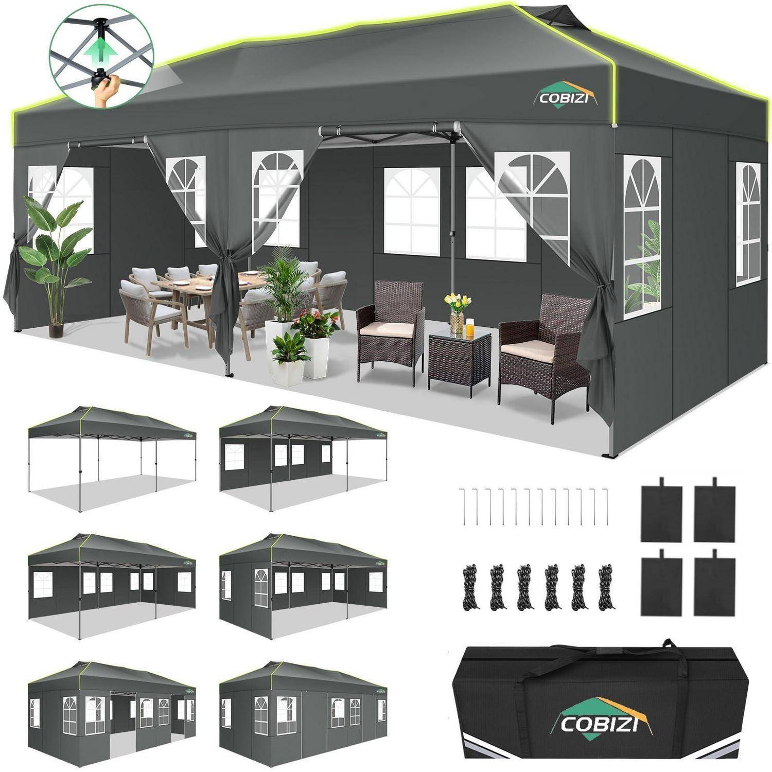 Produktbild eines grauen COBIZI-Outdoor-Pavillon-Zelts mit Fenstern, Vorhängen und Seitenwänden, montiert und in mehreren Konfigurationen gezeigt, mit mitgelieferten Stangen, Heringen, Seilen und Aufbewahrungstasche.