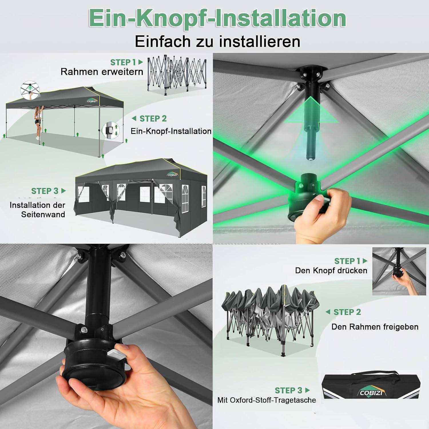 Anleitungsgrafik zum Aufbau eines Pop-up-Baldachins mit Ein-Knopf-Bedienung: Rahmen ausfahren, Knopf drücken zum Freigeben, dann Seitenwände anbringen.