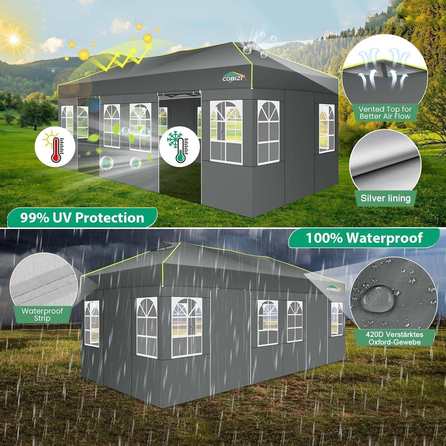 Werbebild eines dunkelgrauen Outdoor-Pavillonzelts mit UV-Schutz und wasserdichten Eigenschaften, mit Beschriftungen für belüftete Oberseite, silberner Auskleidung, wasserdichtem Streifen und verstärktem Oxford-Stoff.