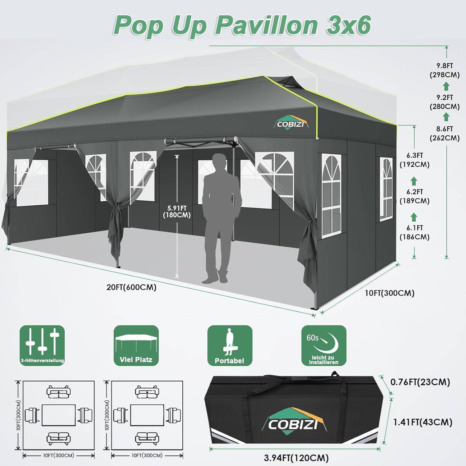 Abbildung eines „Pop Up Pavillon 3x6" Faltpavillons mit beschrifteten Abmessungen 20 x 10 ft und Höhenmessungen, sowie Symbolen, die einfache Montage, großzügigen Platz, Tragbarkeit zeigen und eine Transporttasche beinhalten.