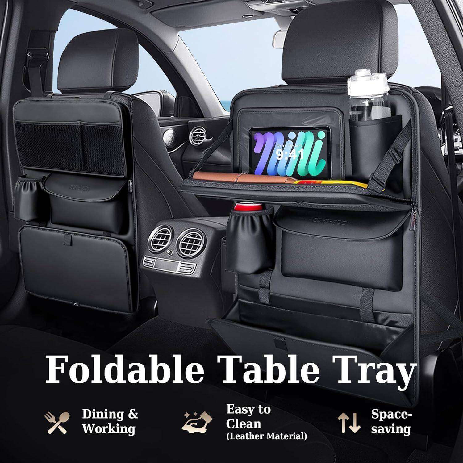 Autositz-Organizer mit klappbarem Tablett-Tisch, der ein Tablet und eine Flasche hält, plus Taschen; der Text lautet „Klappbarer Tablett-Tisch