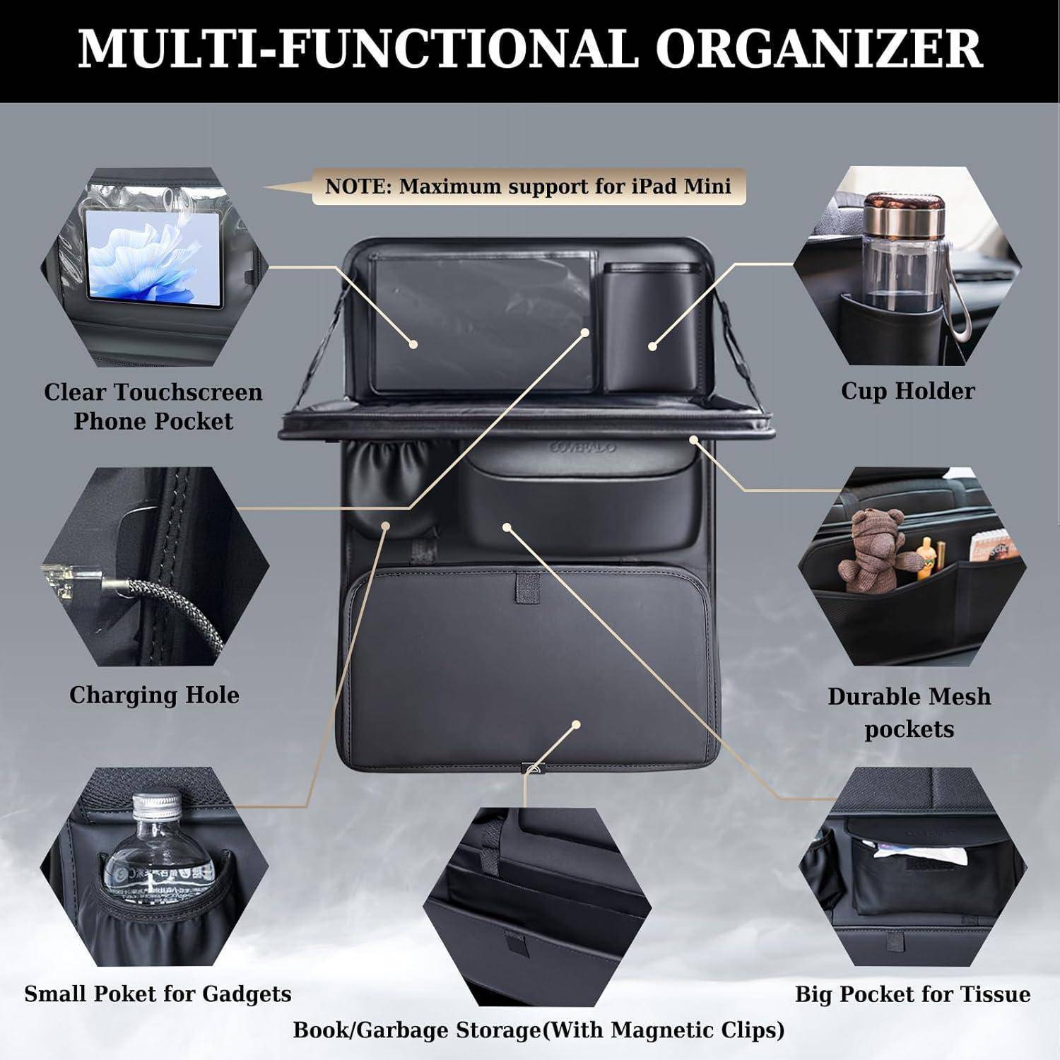 Infografik eines multifunktionalen Autoorgnizers mit Speicherfunktionen: klare Touchscreen-Handytasche, Getränkehalter, Ladeloch, strapazierfähige Netzfächer, kleine Gadget-Tasche, Buch-/Müllspeicher mit Magnetclips und große Taschentuch-Tasche.