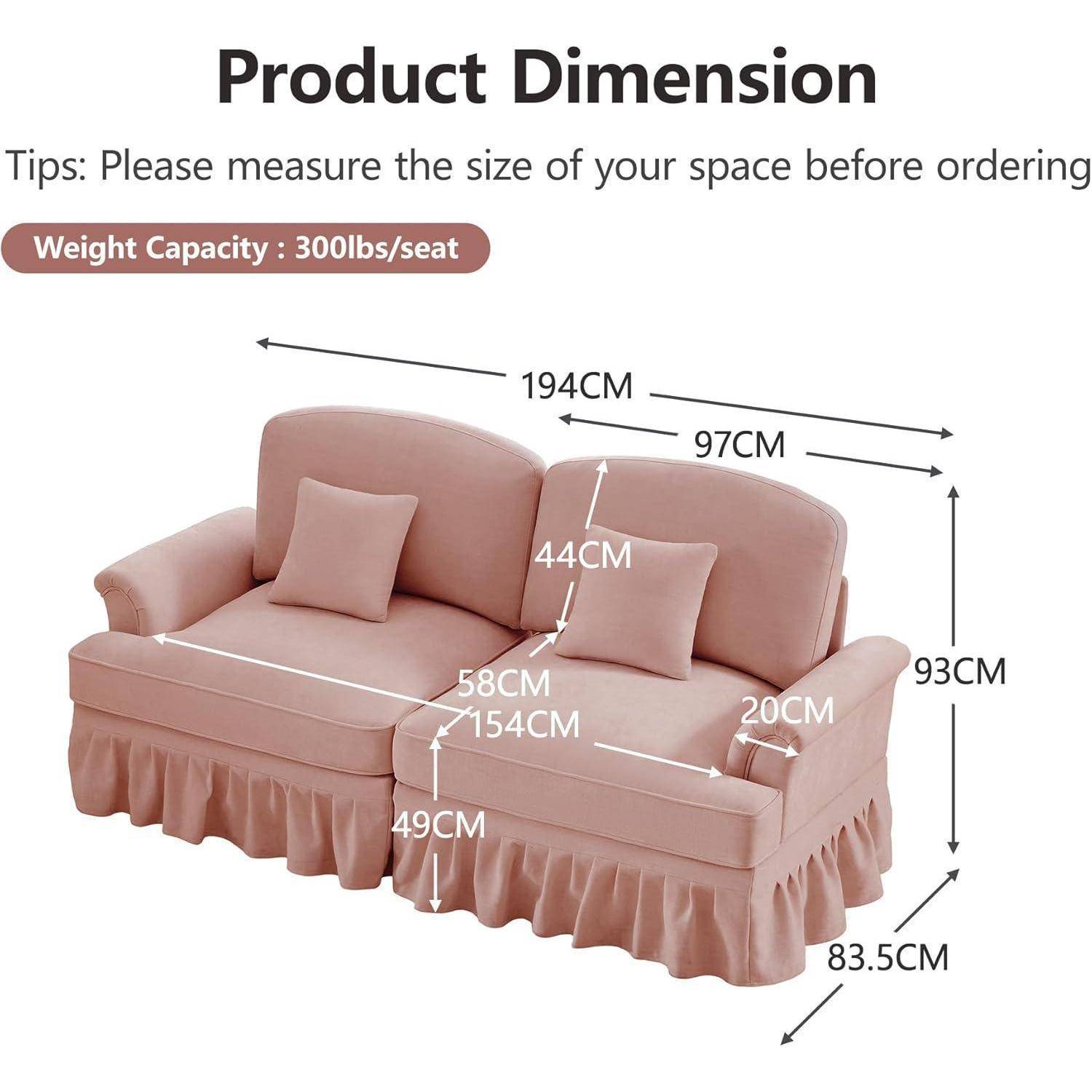 Produktdimensionsdiagramm für ein rosa Zweisitzer-Schlafsofa: 194 cm breit, 83,5 cm tief, 93 cm hoch; Tragfähigkeit 300 lb pro Sitz.