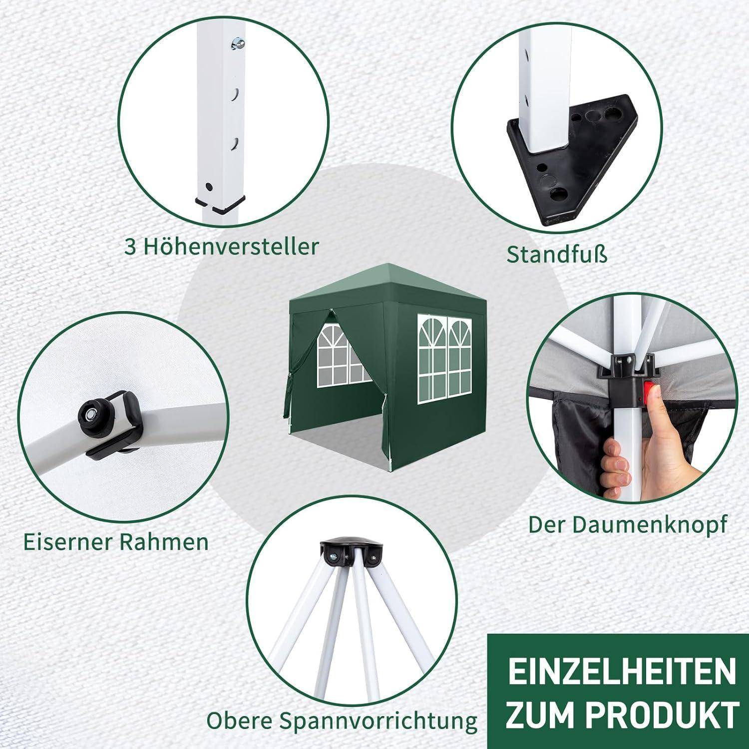 Diagramm eines grünen Popup-Zelts mit gekennzeichneten Produktteilen in deutscher Sprache: Höhenverstellvorrichtung, Standfuß, Eisenrahmen, Daumentaste und oberes Spanngerät.