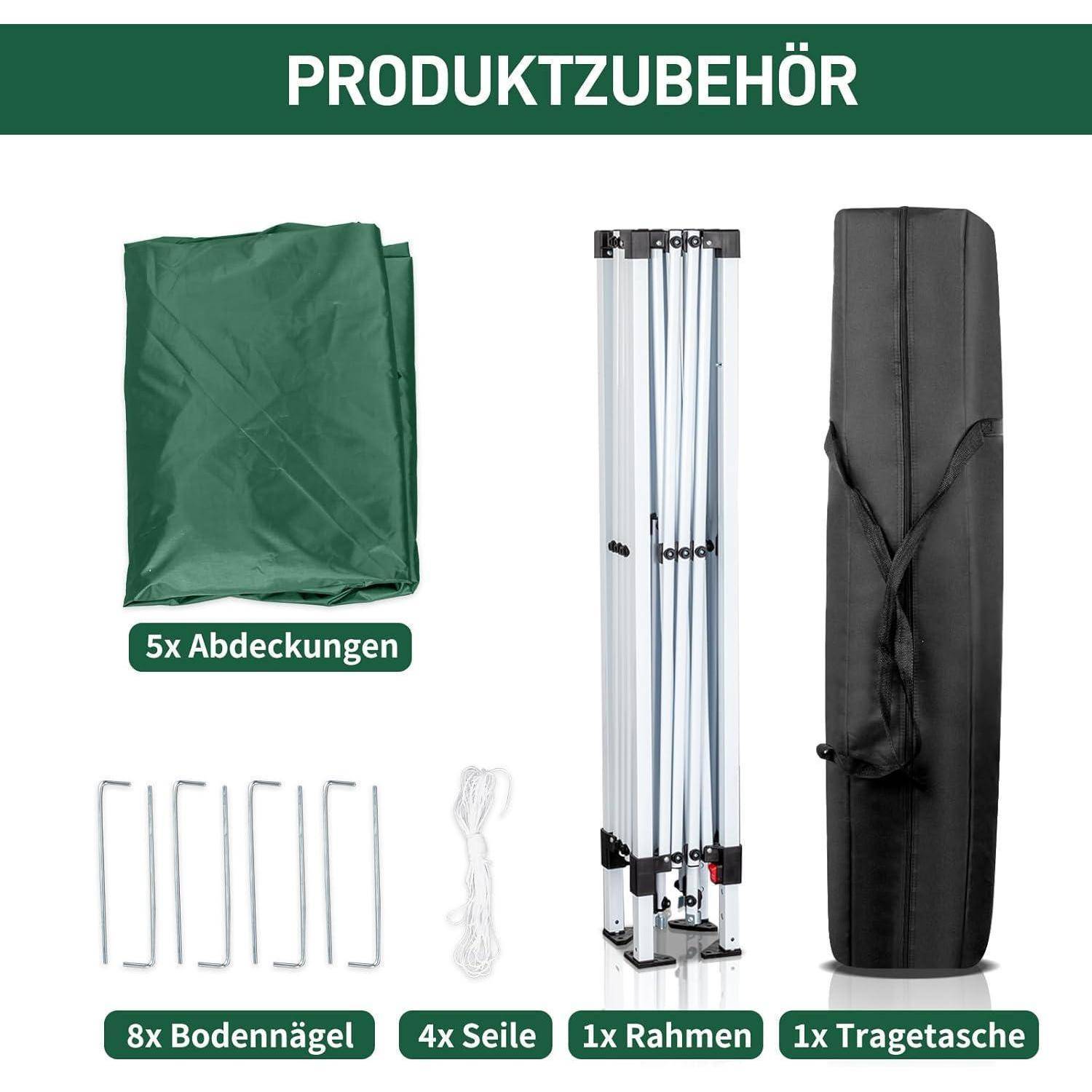 Produktzubehör auf weißem Hintergrund: 5 Abdeckungen, 8 Erdnägel, 4 Seile, 1 Rahmen und 1 Tragetasche mit der Bezeichnung "PRODUKTZUBEHÖR"".