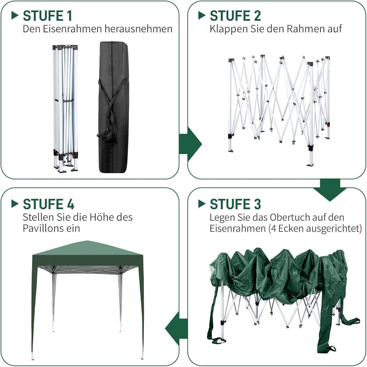 Vier-Schritt-Anleitung auf Deutsch zum Zusammenbau eines Pop-up-Pavillonzelts: Rahmen entfernen, entfalten, Baldachin anbringen und Höhe einstellen.