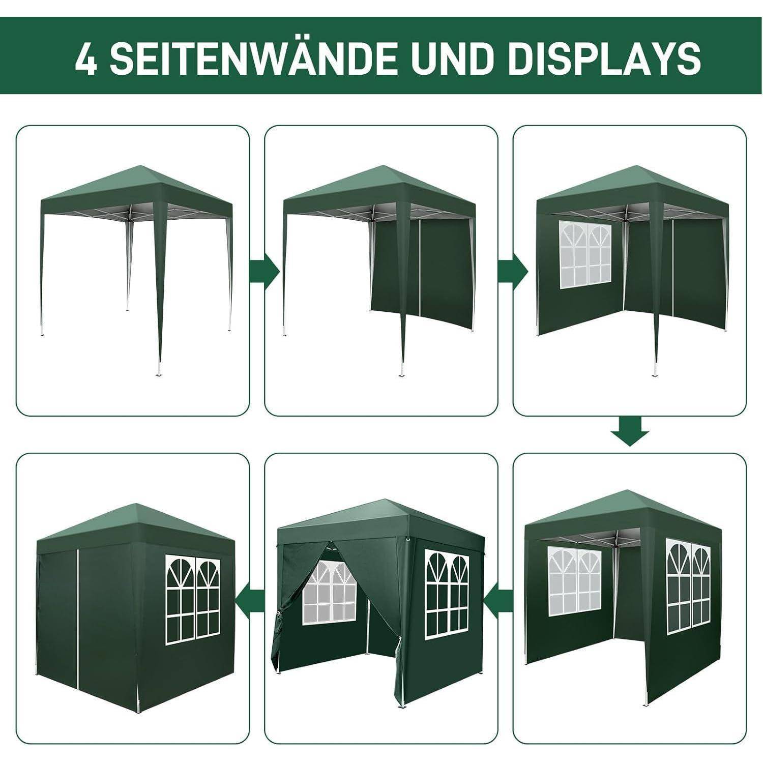 Sechschrittiges Diagramm, das ein grünes Pop-up-Baldachindach mit 4 Seitenwänden und Anzeigefenstern zeigt, die nacheinander hinzugefügt werden und am Ende ein vollständig geschlossenes Zelt ergeben.