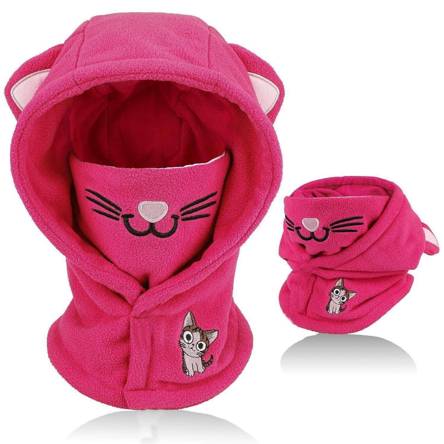 Rosa katzenthematischer Kapuzenpullover für Haustiere, gezeigt in Vorder- und gefalteter Ansicht, mit besticktem Katzengericht und kleinem Katzenflicken.