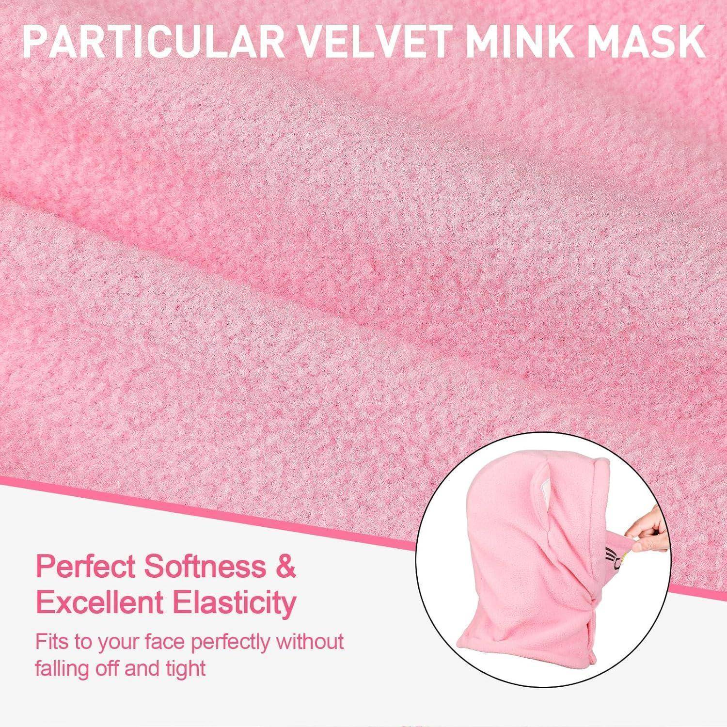 Rosa Samtvelmink-Maske Produktanzeige mit Text „Perfekte Weichheit & Ausgezeichnete Elastizität