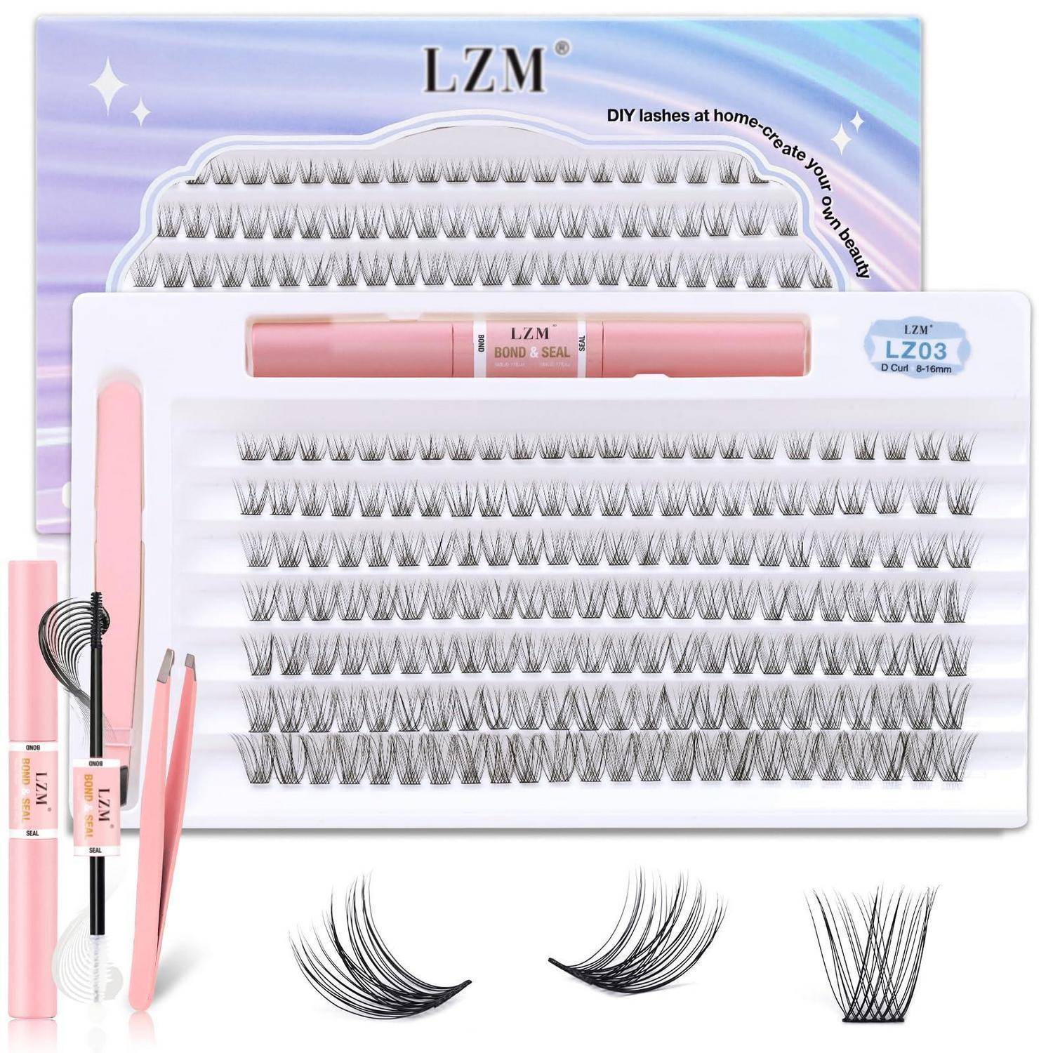 LZM DIY Wimpernverlängerungs-Set mit Tabletts voller Kunstwimpern, rosa Applikator-Tools und 