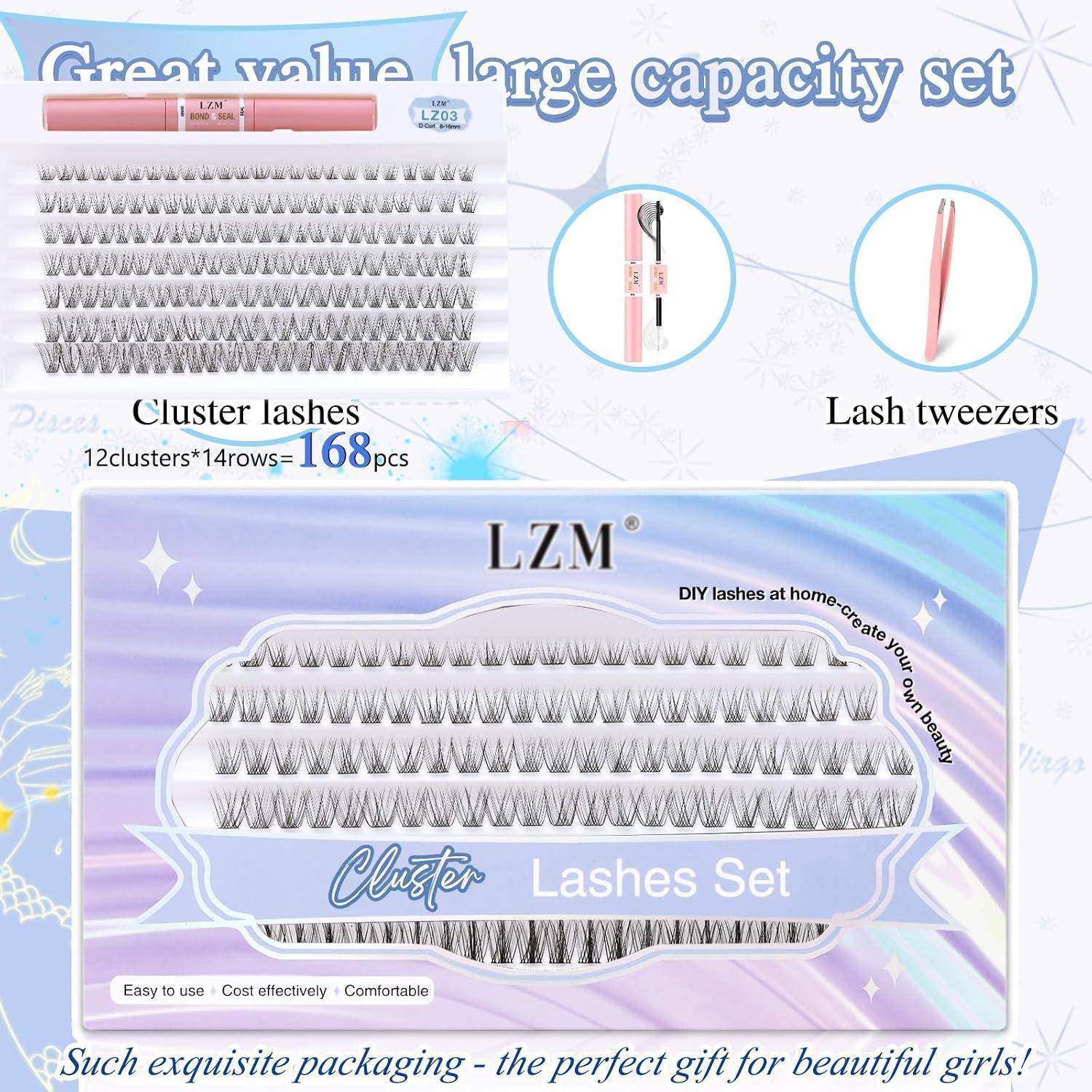 Produktbild eines LZM Cluster-Wimpern-Sets mit 168 Wimpernbüscheln, einer Wimpernpinzette und Geschenkverpackung für DIY-Wimpernanbringung zu Hause.