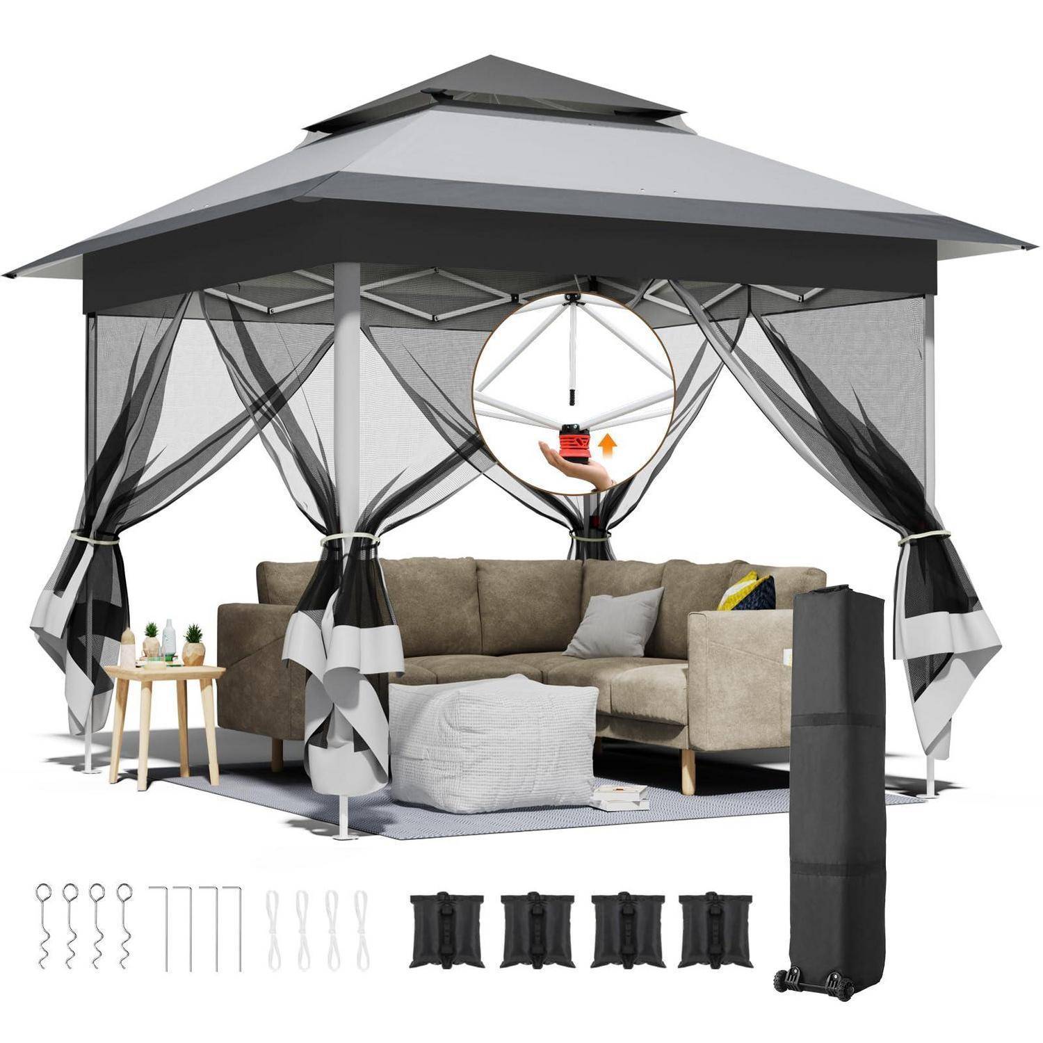 Outdoor-Pavillon mit grauem Dach, Netzseitenwänden und gepolstertem Sofaset; eingeschlossenes Zubehör und Tragetasche werden unten angezeigt.