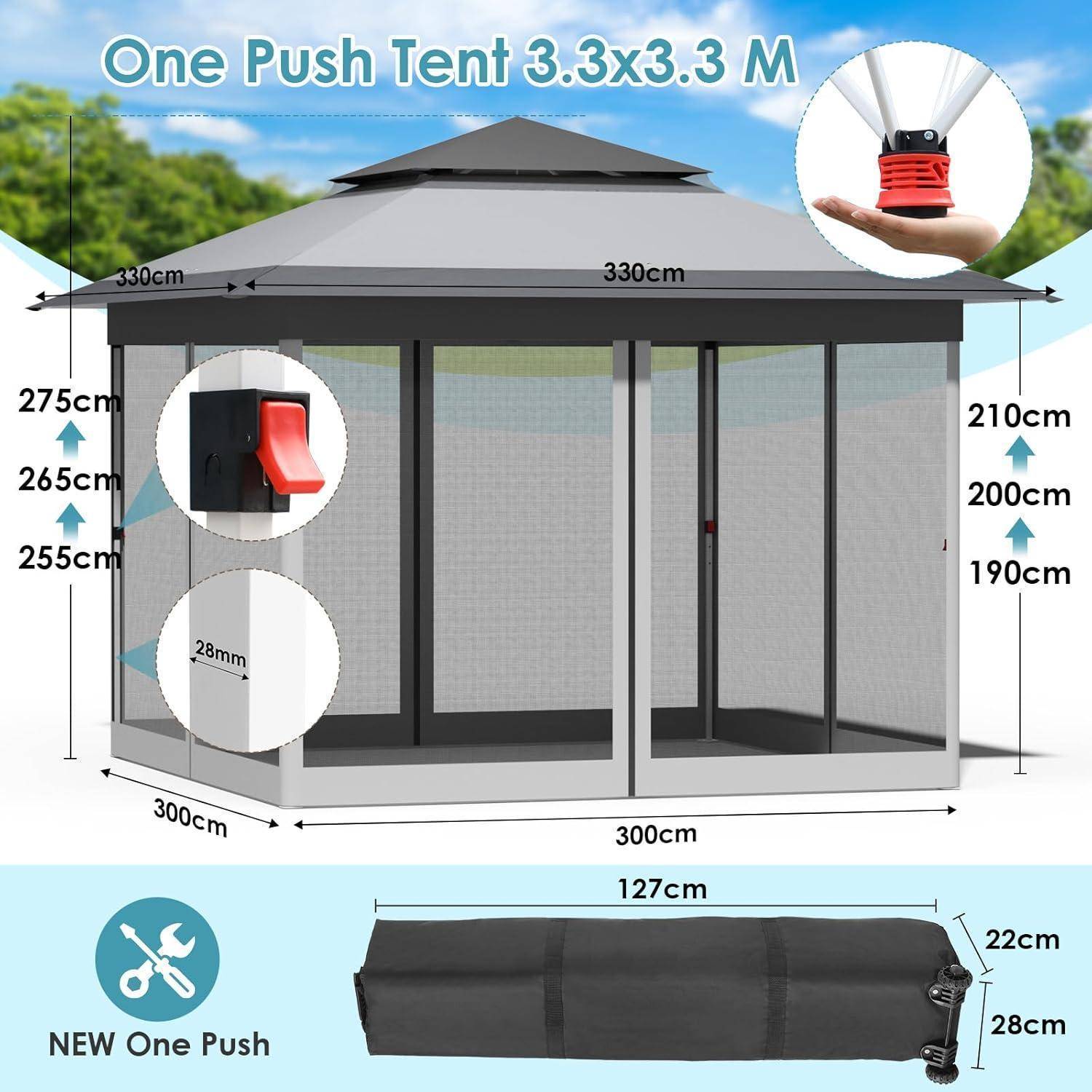 Produktdiagramm eines „One Push Zelt 3,3 x 3,3 M" mit dem aufgebauten Zelt, Abmessungen in cm, Nahaufnahme des Push-Lock-Mechanismus und beigefügter Aufbewahrungstasche.