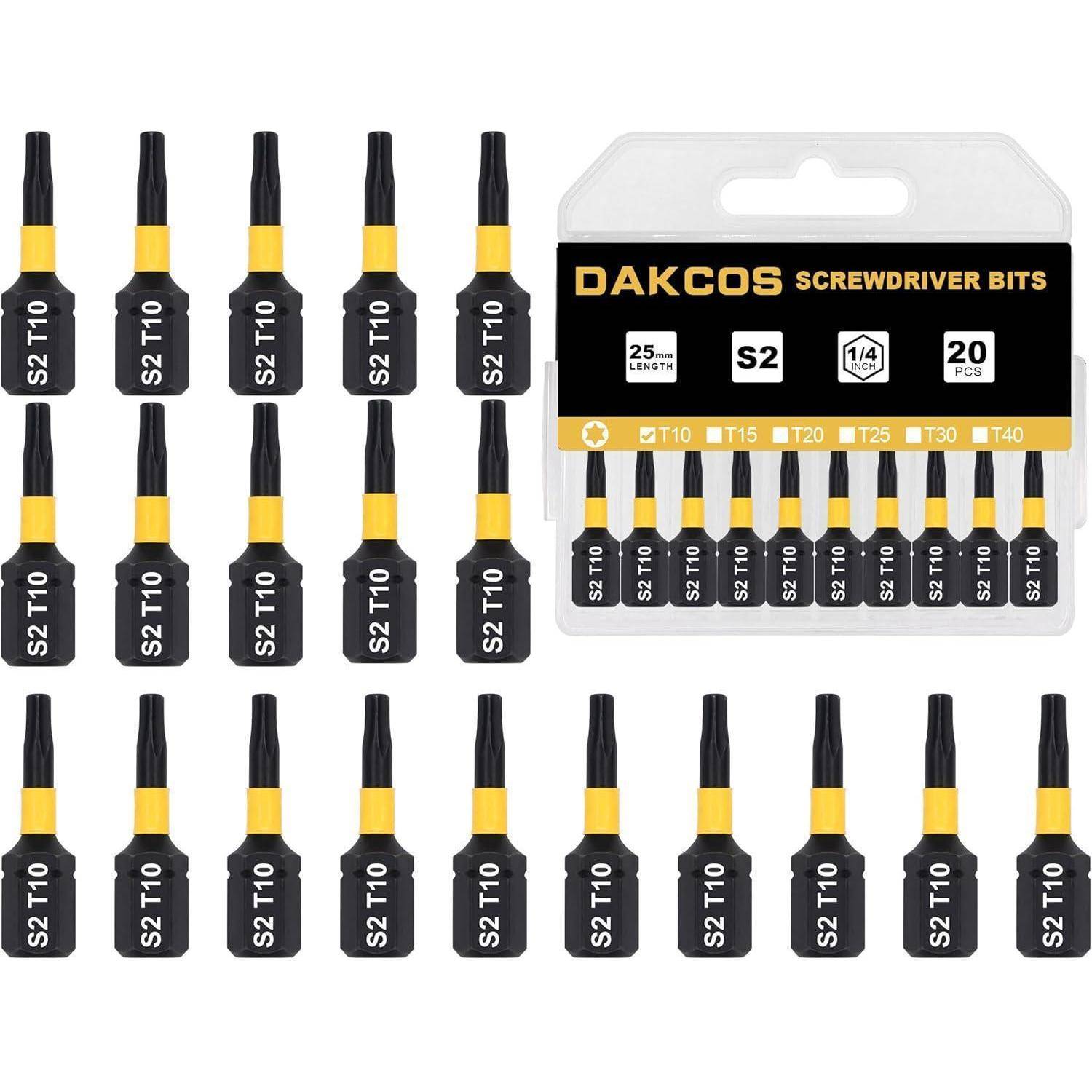 Dakcos Schraubendreher-Bits-Set, zeigt 20 S2 T10 Bits in einer Kunststoffbox und einzeln außerhalb angeordnet.